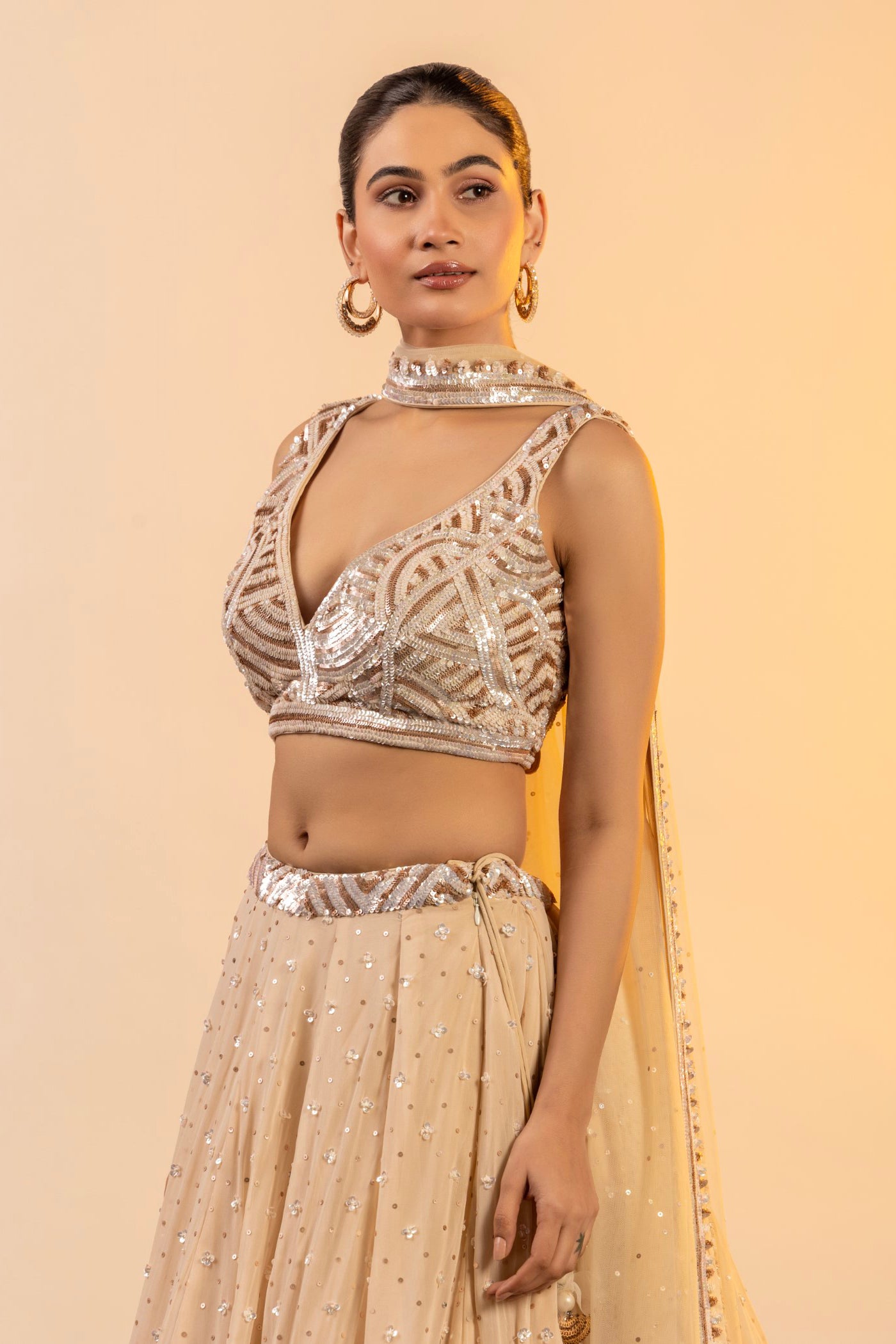 Cream Georgette Crop top and skirt with dupatta