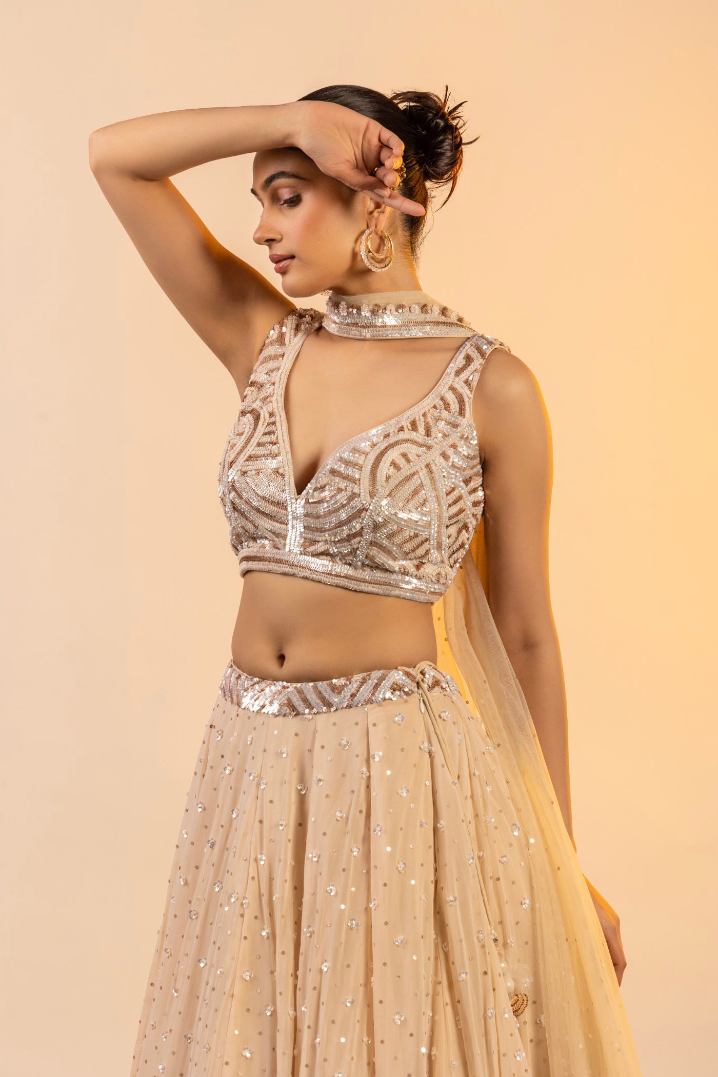 Cream Georgette Crop top and skirt with dupatta