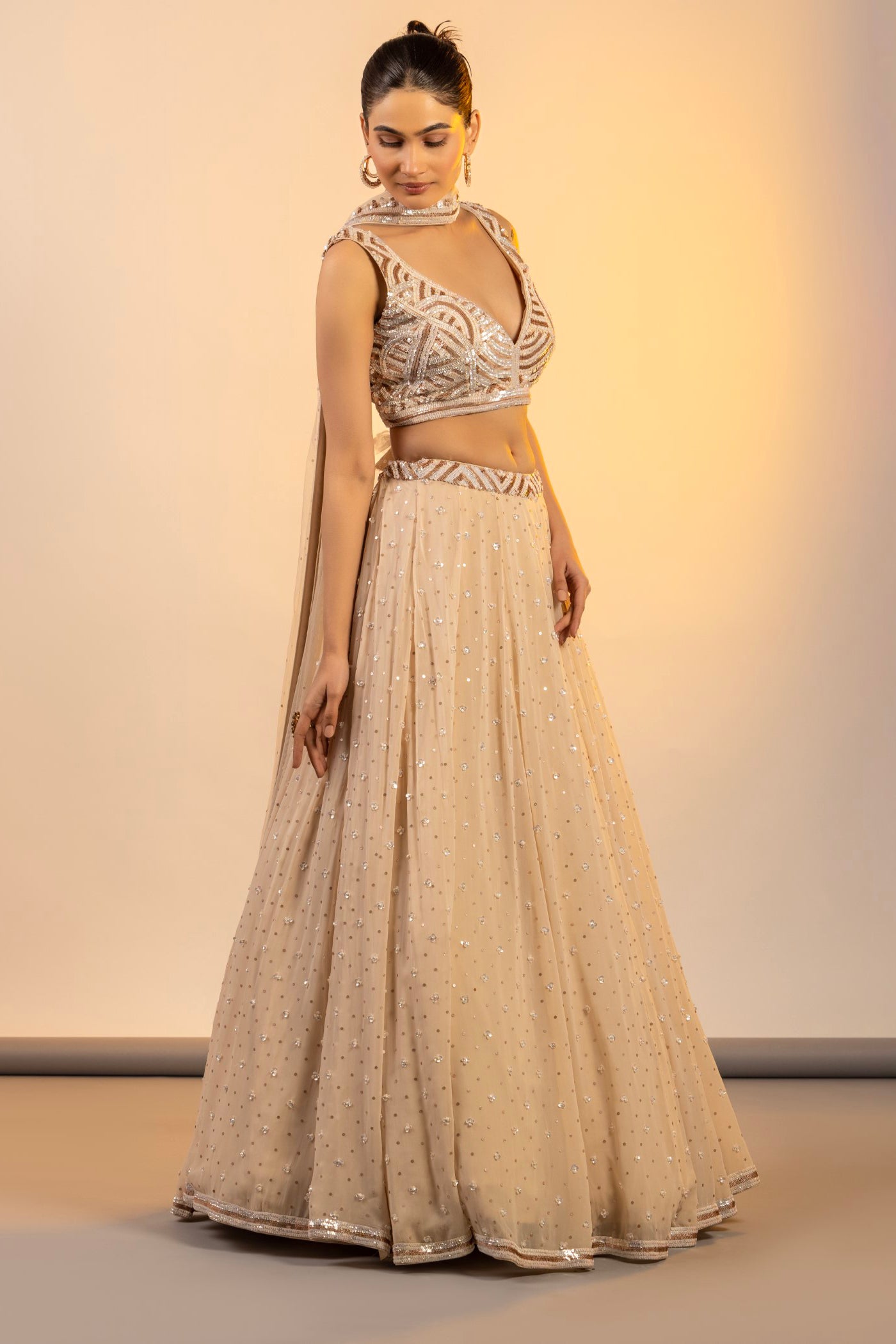 Cream Georgette Crop top and skirt with dupatta