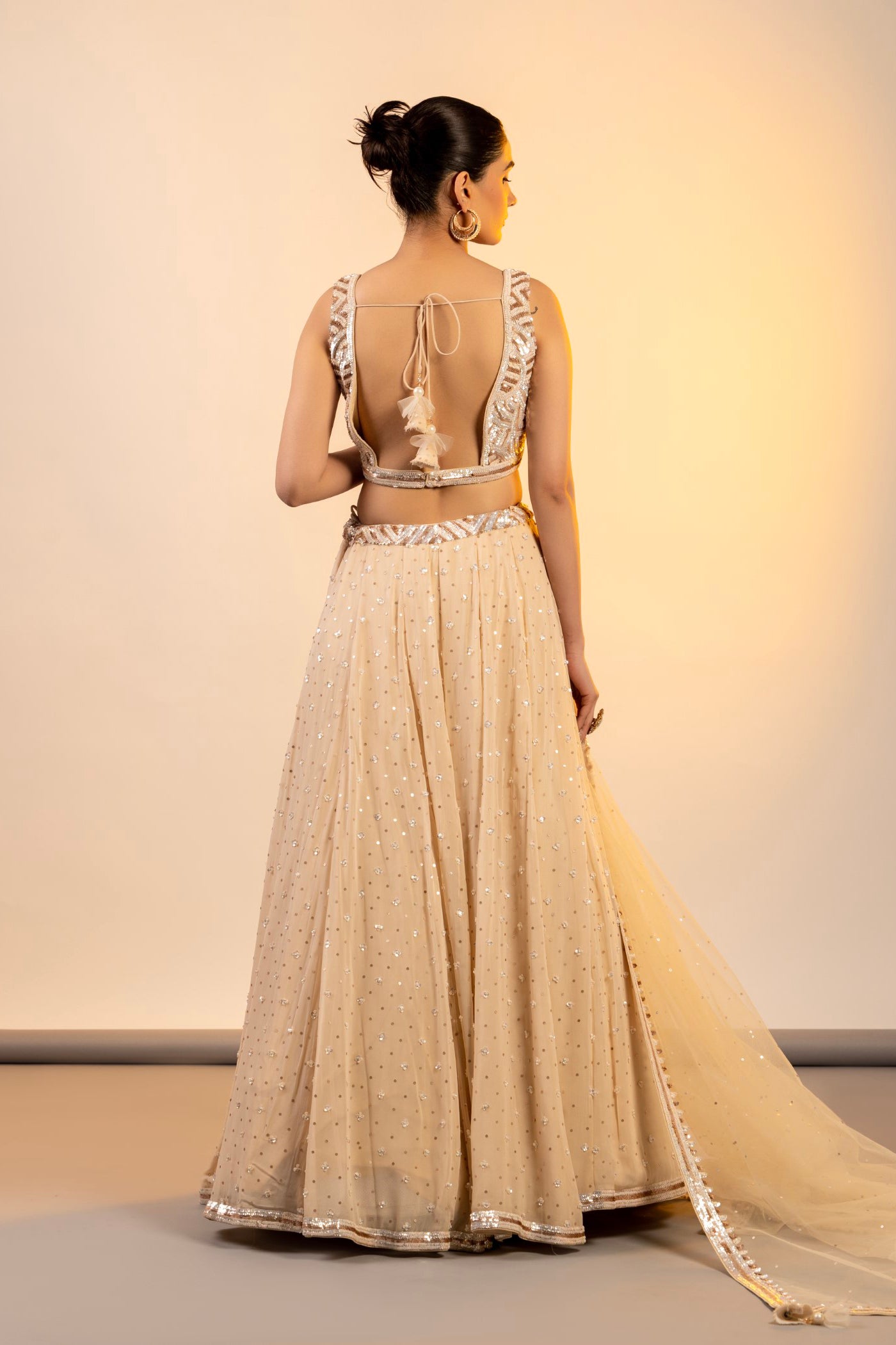 Cream Georgette Crop top and skirt with dupatta