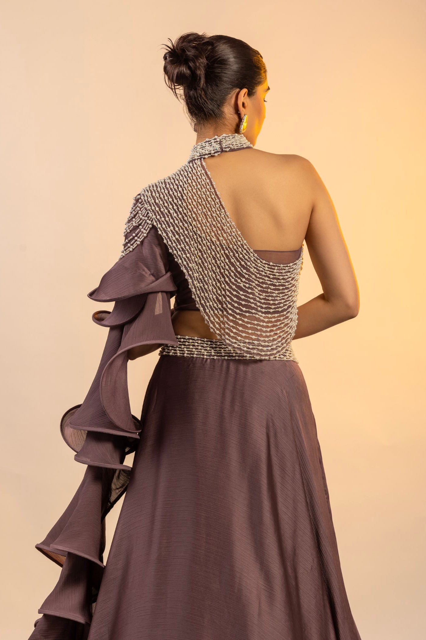Dark Mauve Chinnon Crop Top and Skirt