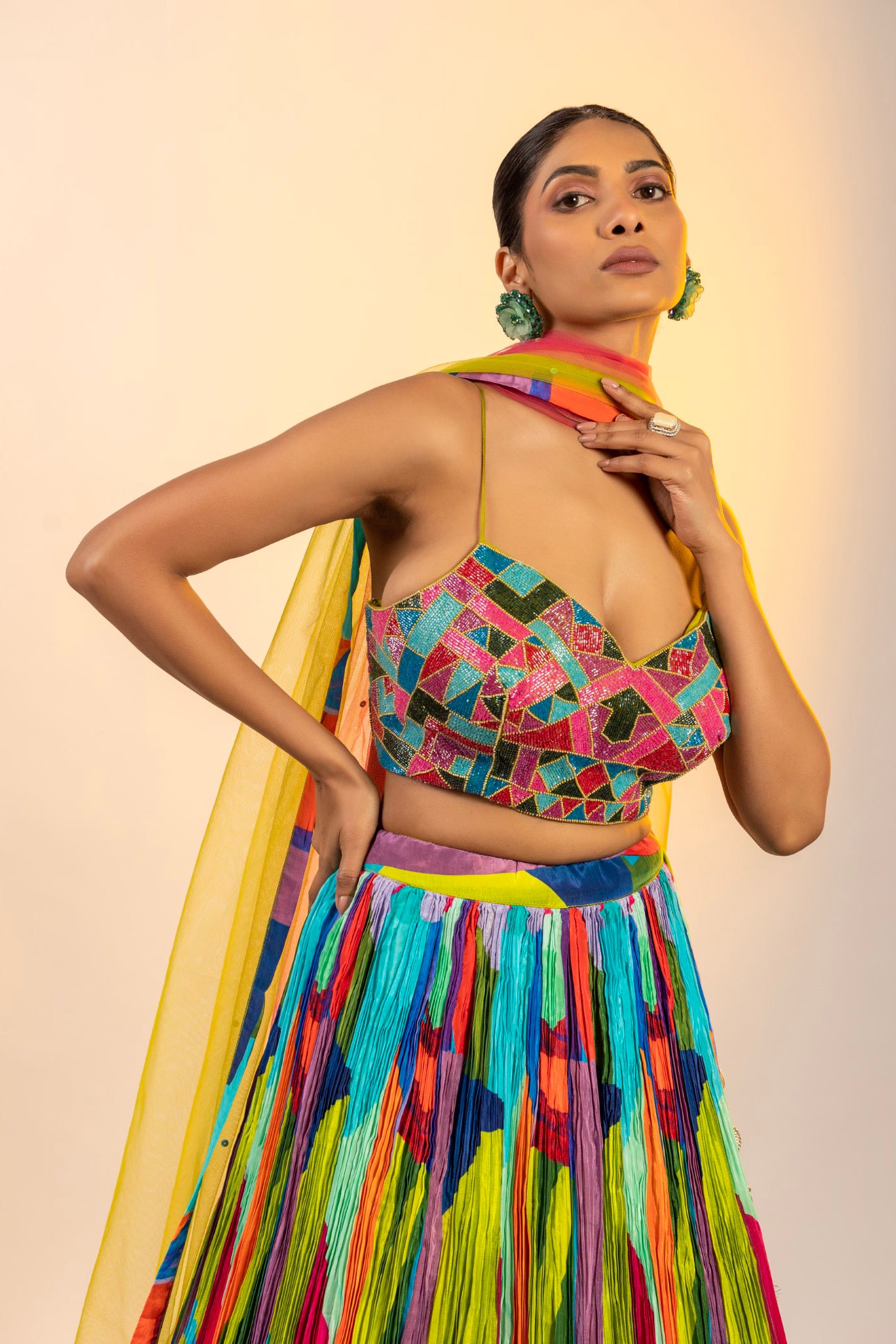 Multi Colour Chinnon Crop top and skirt