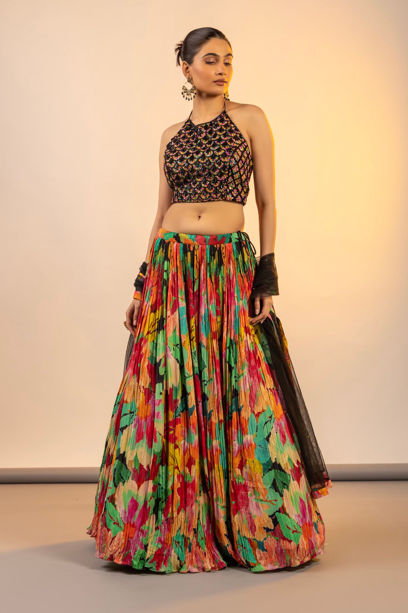 Black Multi colour crop top and skirt