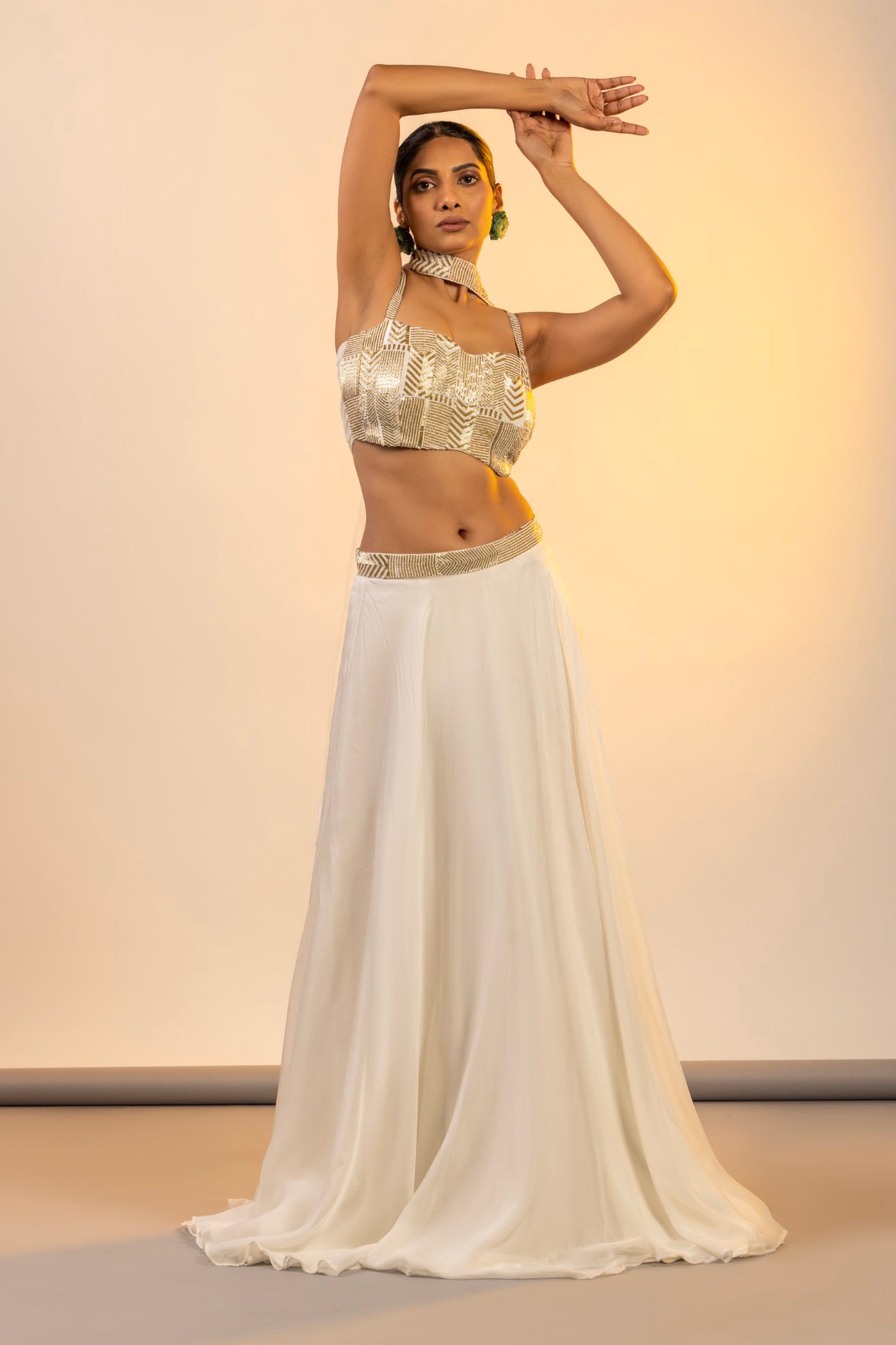 Organza crop top and skirt with pearl cutdana work