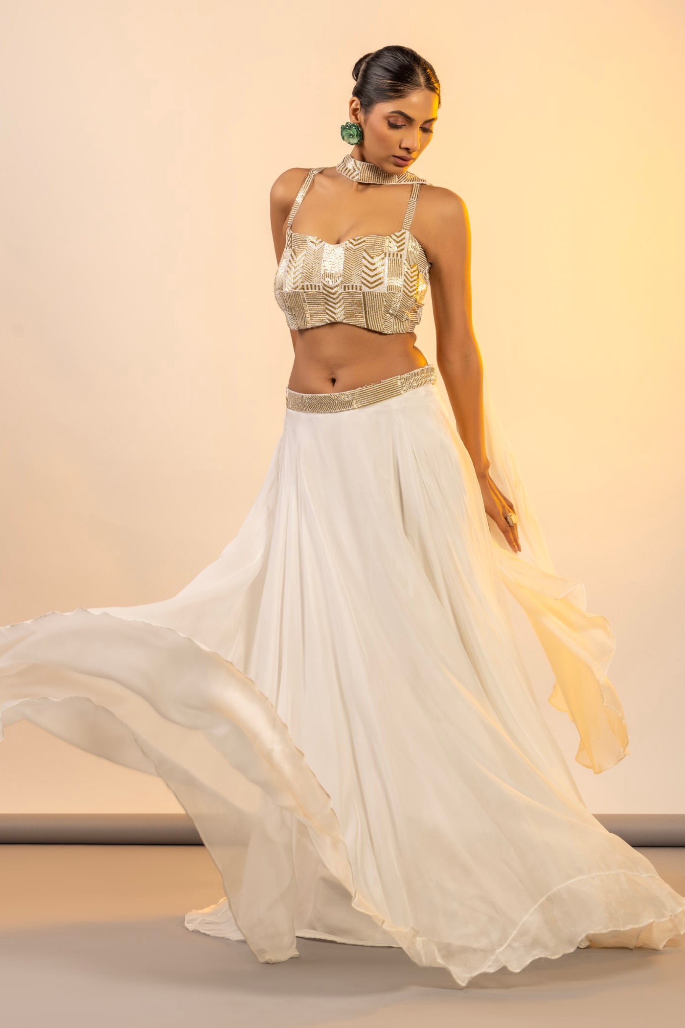 Organza crop top and skirt with pearl cutdana work