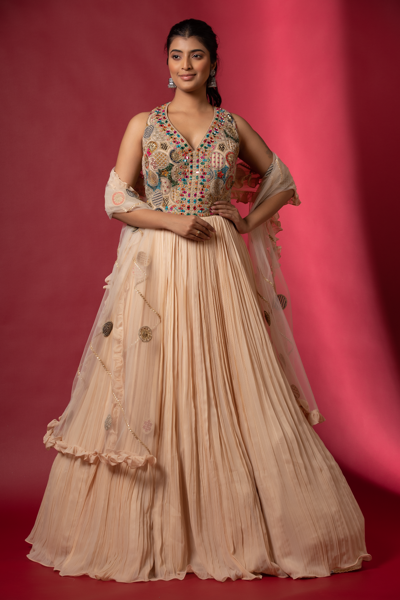 Gold georgette long anarkali with zari and mirror