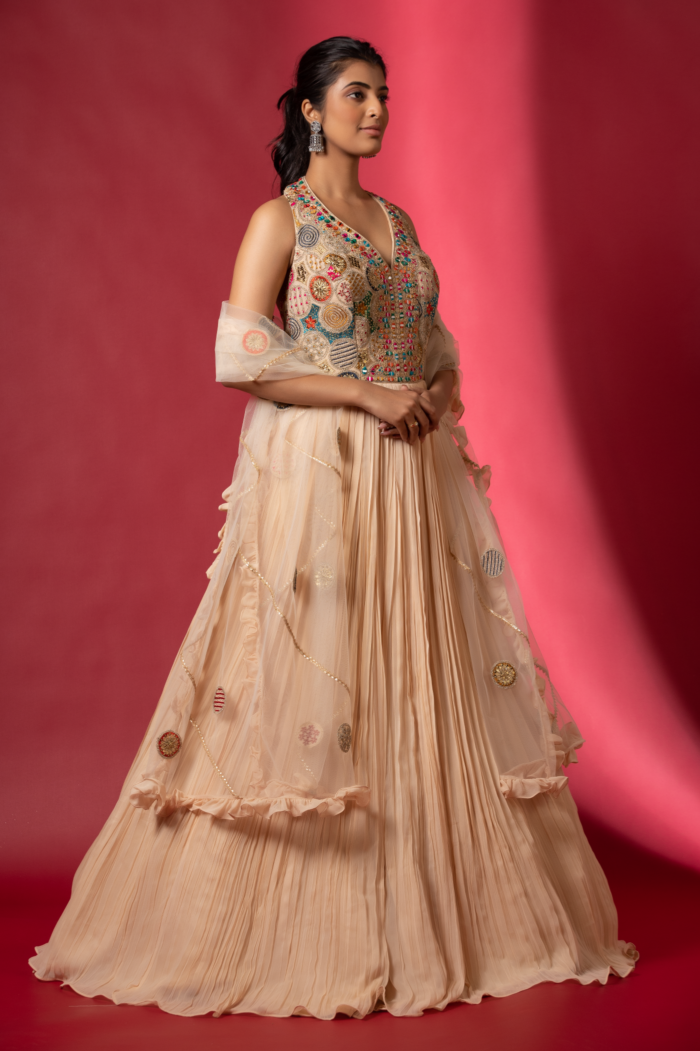 Gold georgette long anarkali with zari and mirror