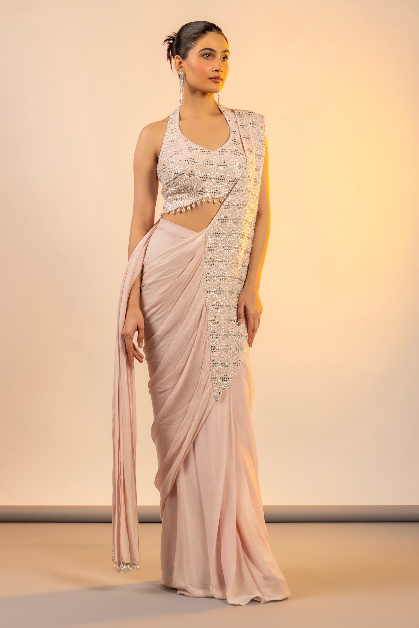 Blush pink drape saree with crystal and sequins