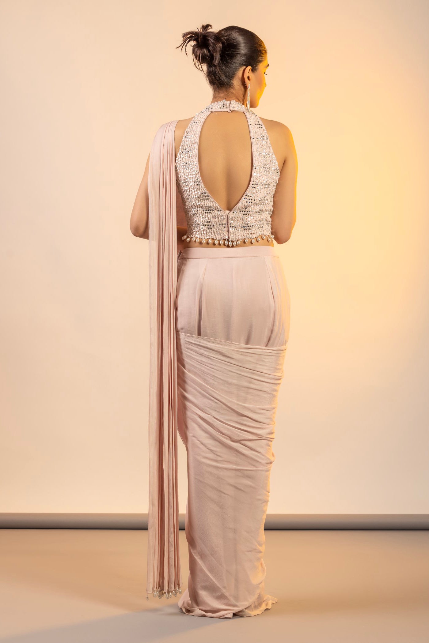 Blush pink drape saree with crystal and sequins