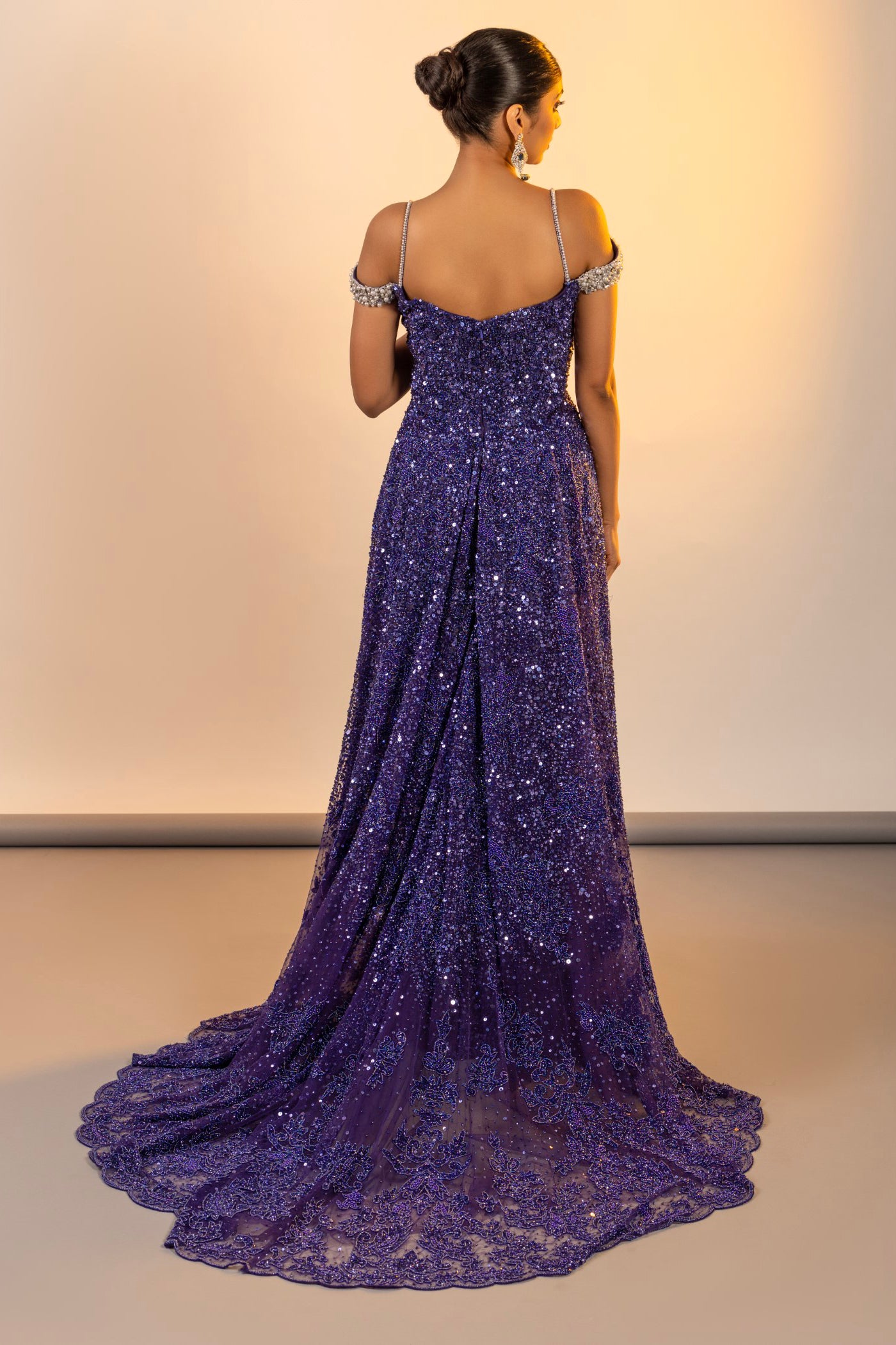 Purple Net Dress With Pearl Cutdana and Poth