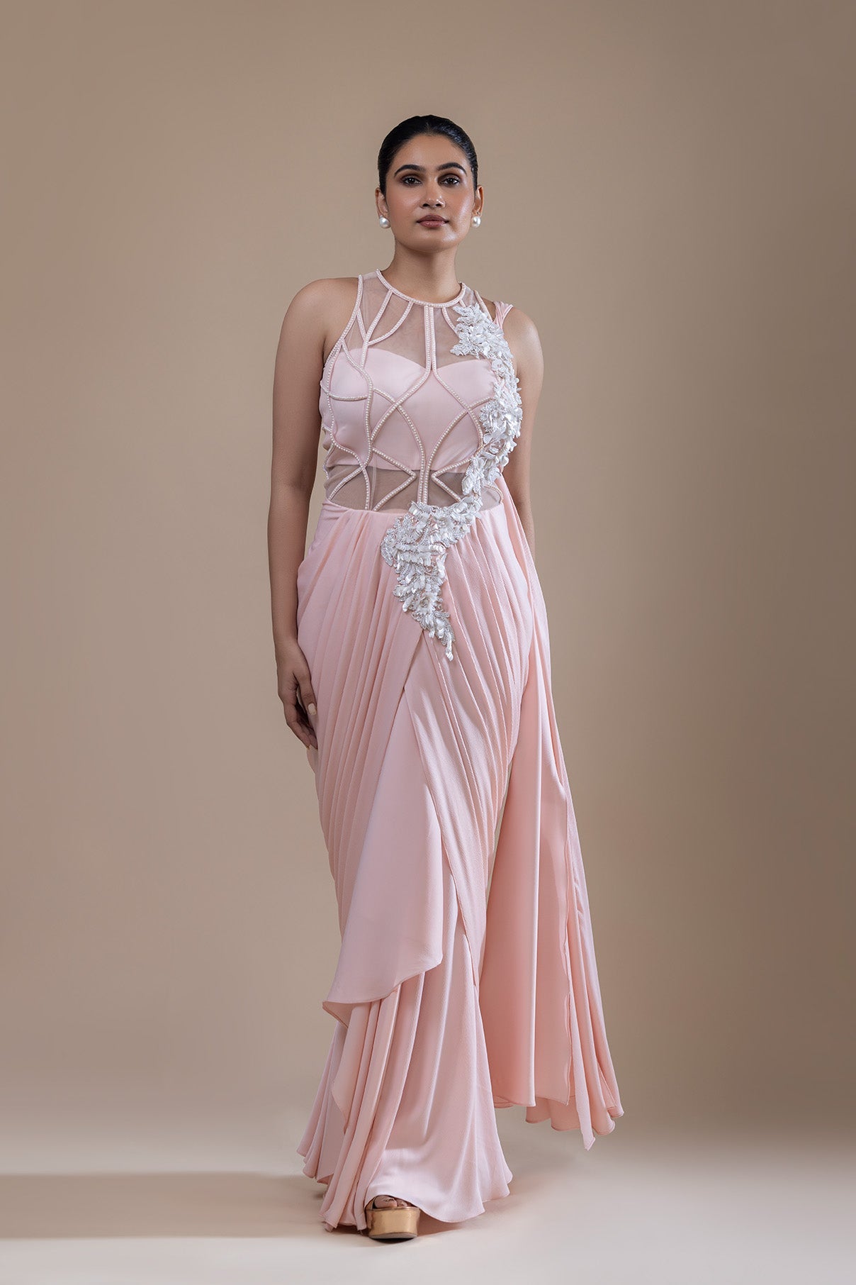 Gleaming Peach Drape Saree