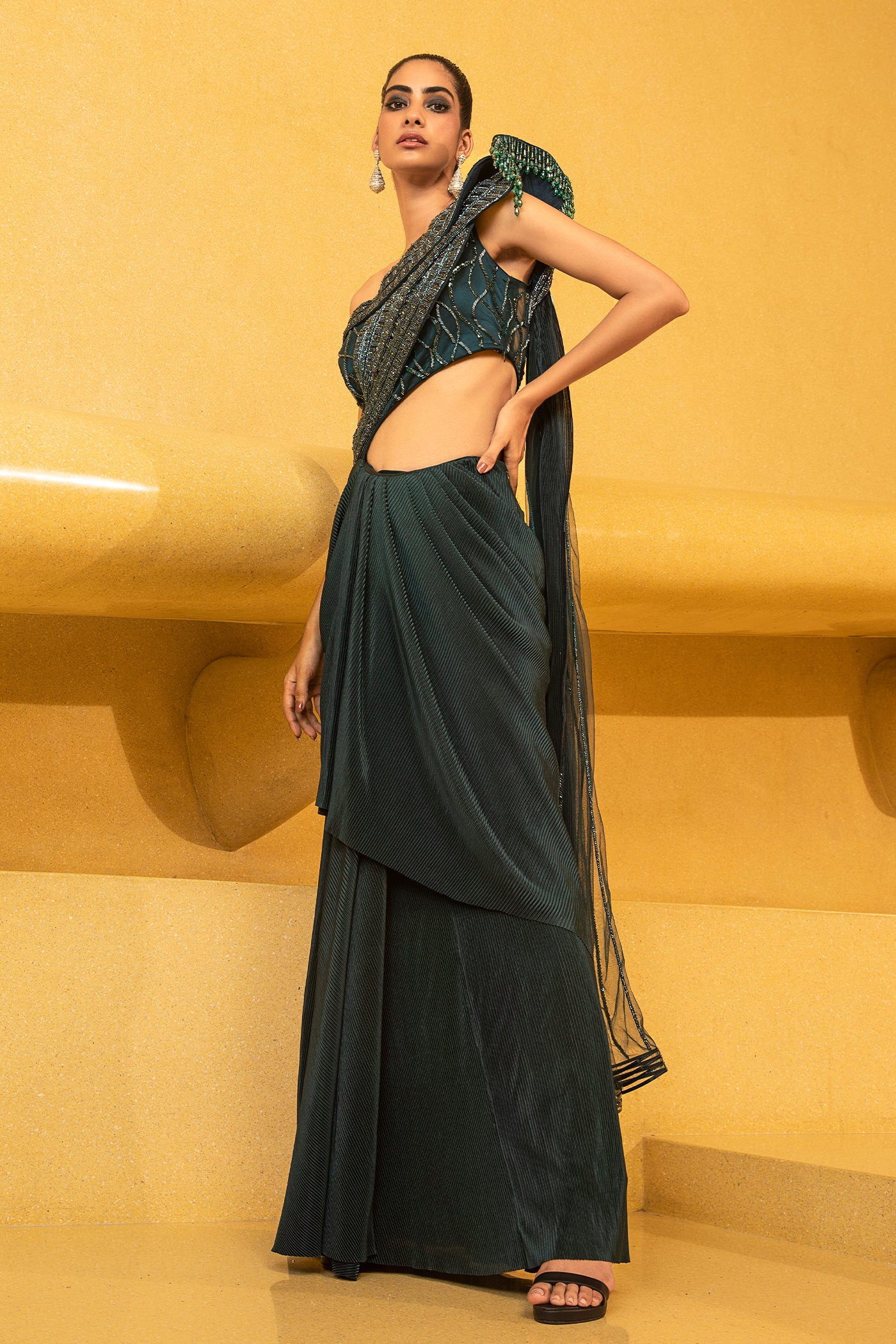 Peacock Green Draped Saree With Boning Detail On Blouse