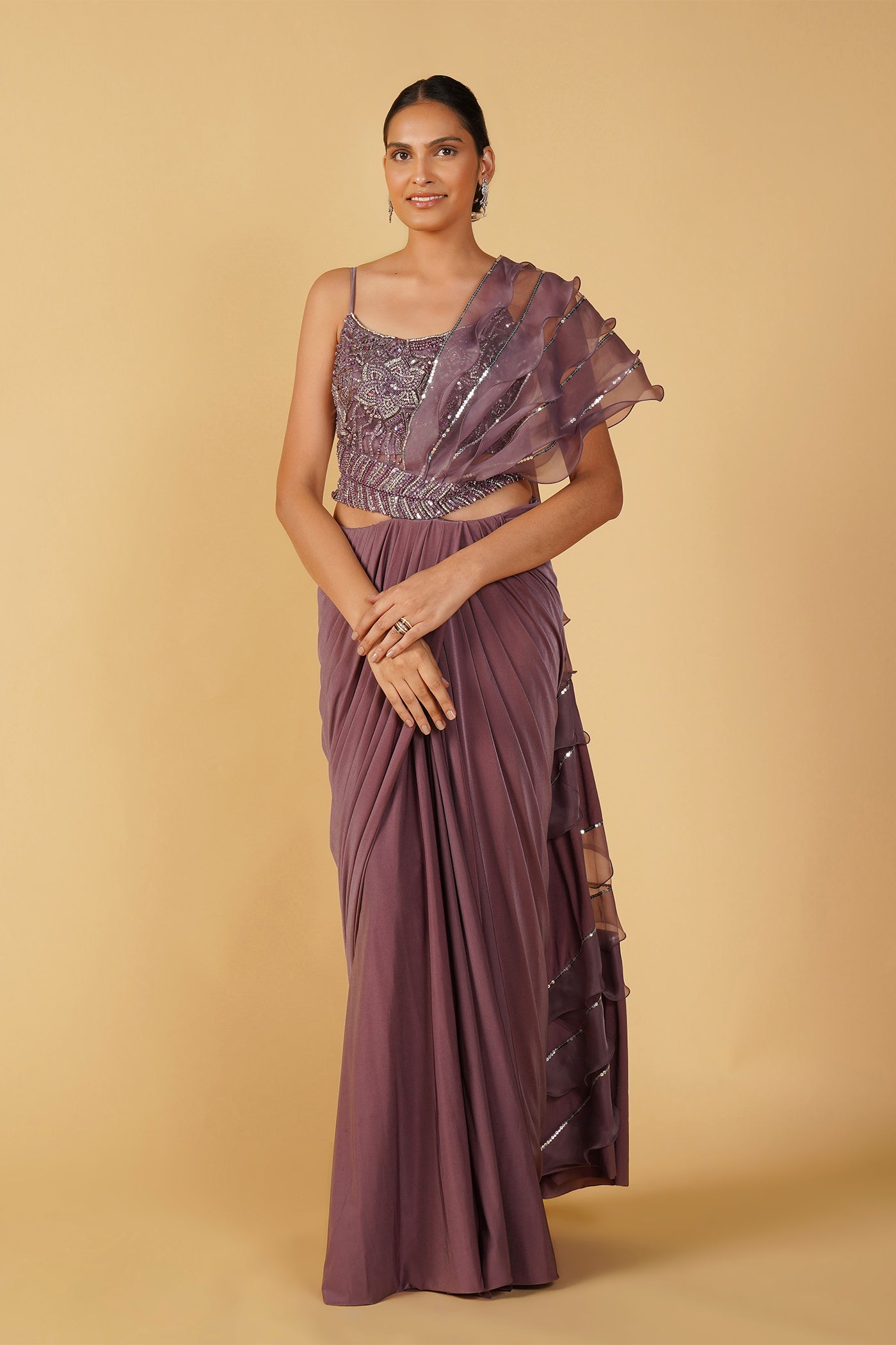 Deep Lavender organza drape saree