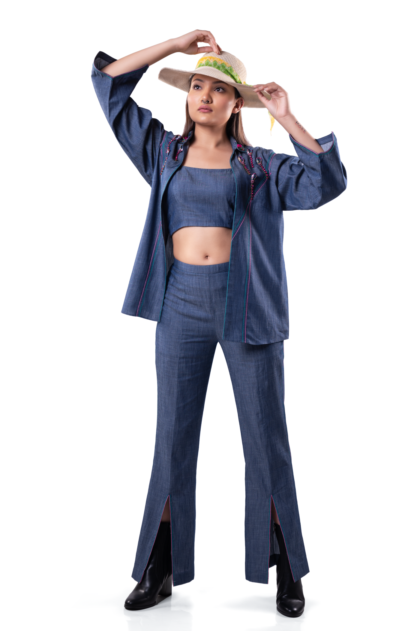 Blue Denim 3 P/c embellished Co-ord Set consisting of an open shirt, inner and pants