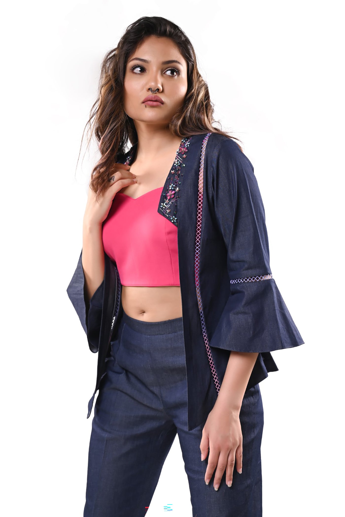 Blue denim 3 P/c embellished Co-ord Set consisting of an open shirt, inner and pants