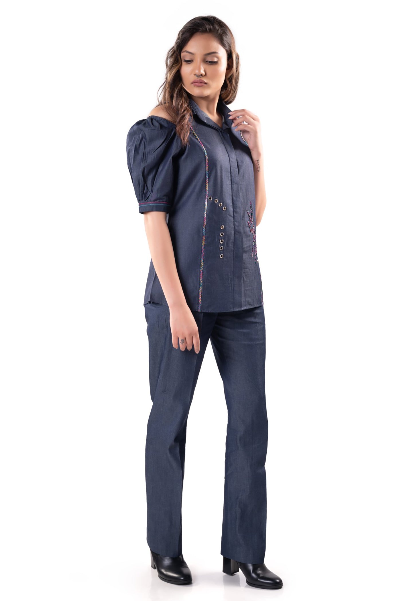 Blue denim Co-ord Set of embellished shirt with cold shoulders and a matching pair of fitted pants