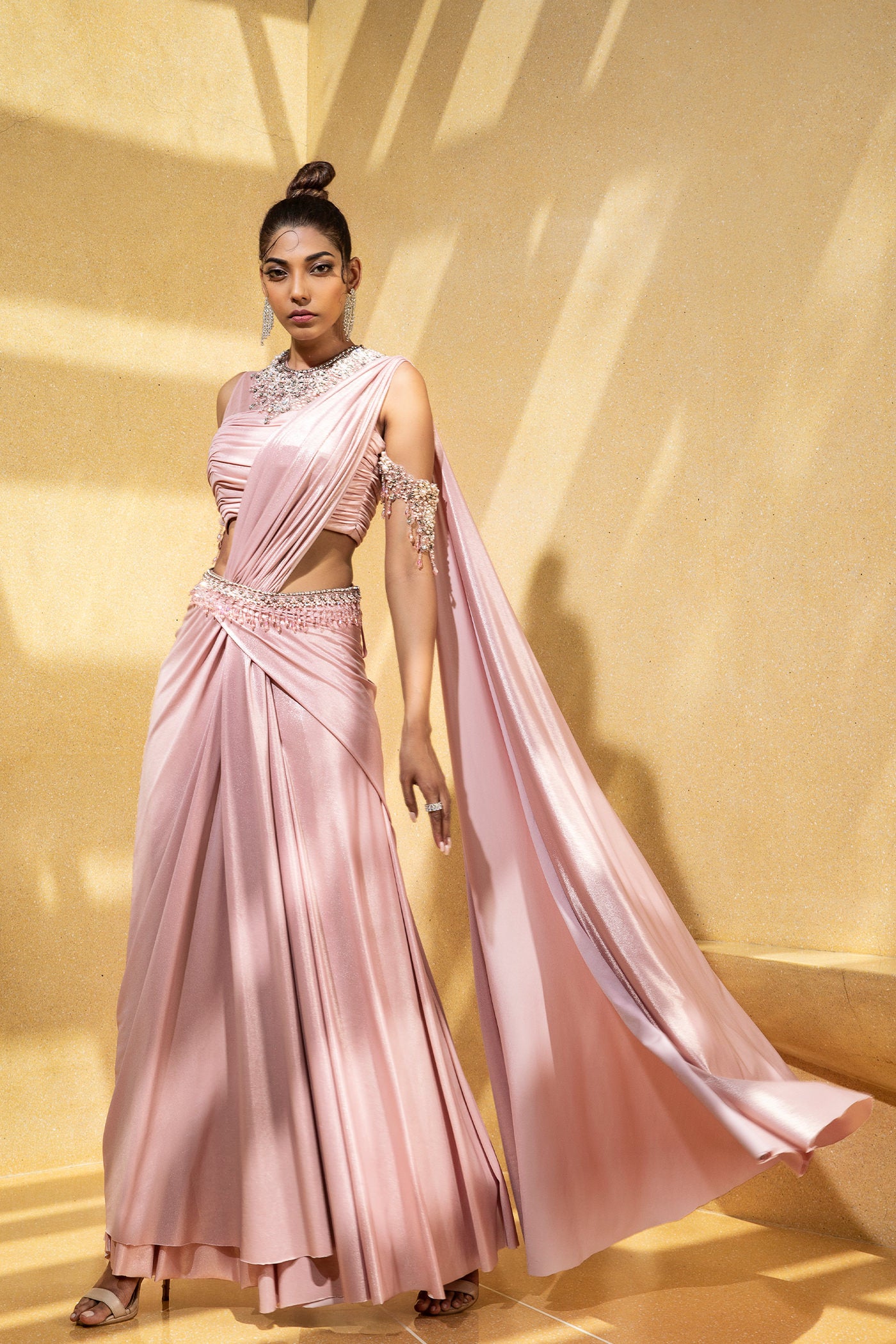 Draped Pink Saree With Rushing & Cold Shoulder Detail On Blouse
