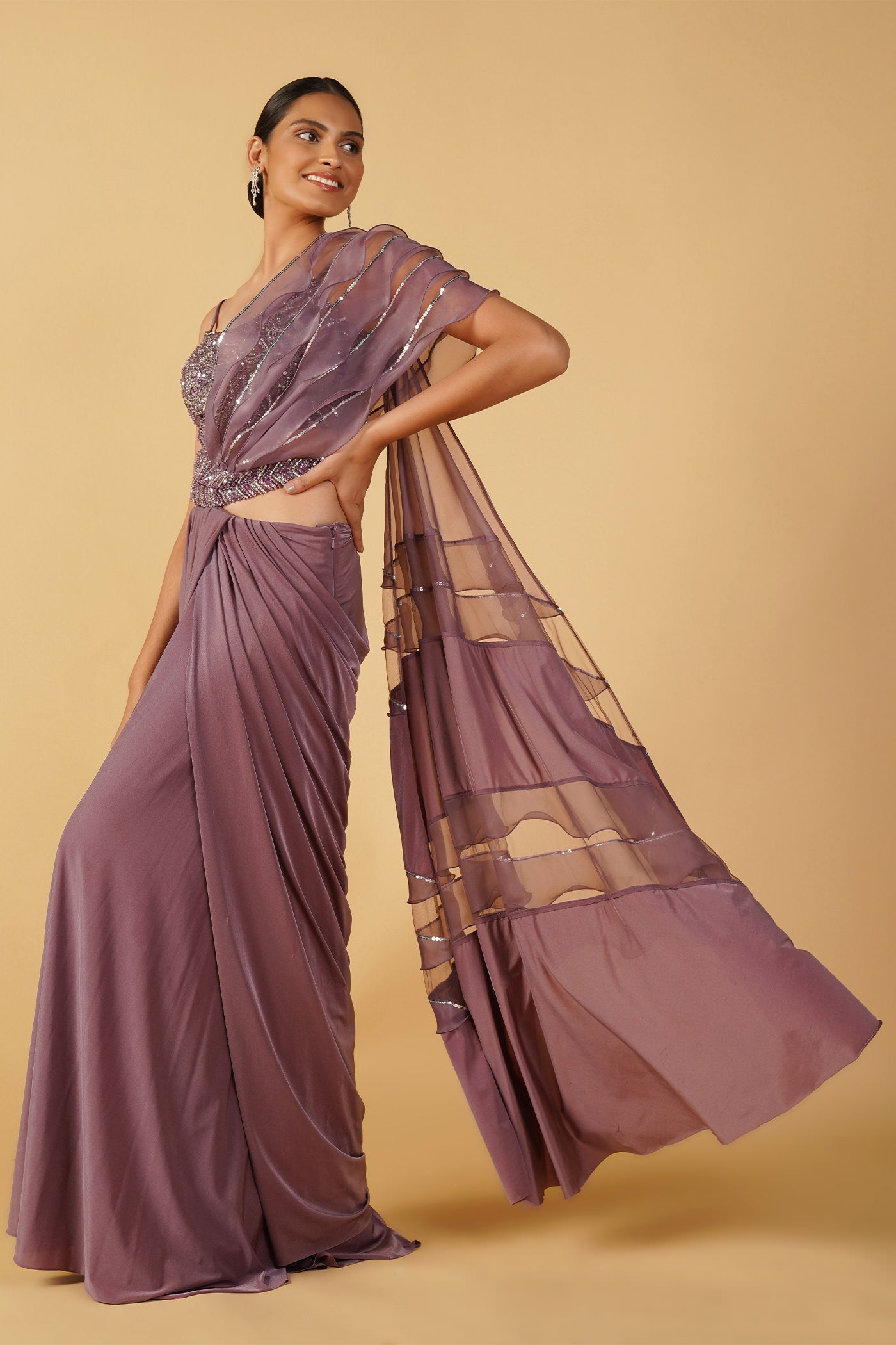 Deep Lavender organza drape saree