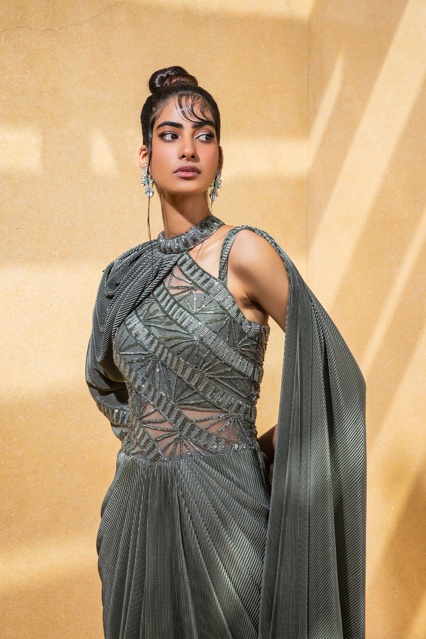 Mouse Grey Draped Saree With One Shoulder Blouse