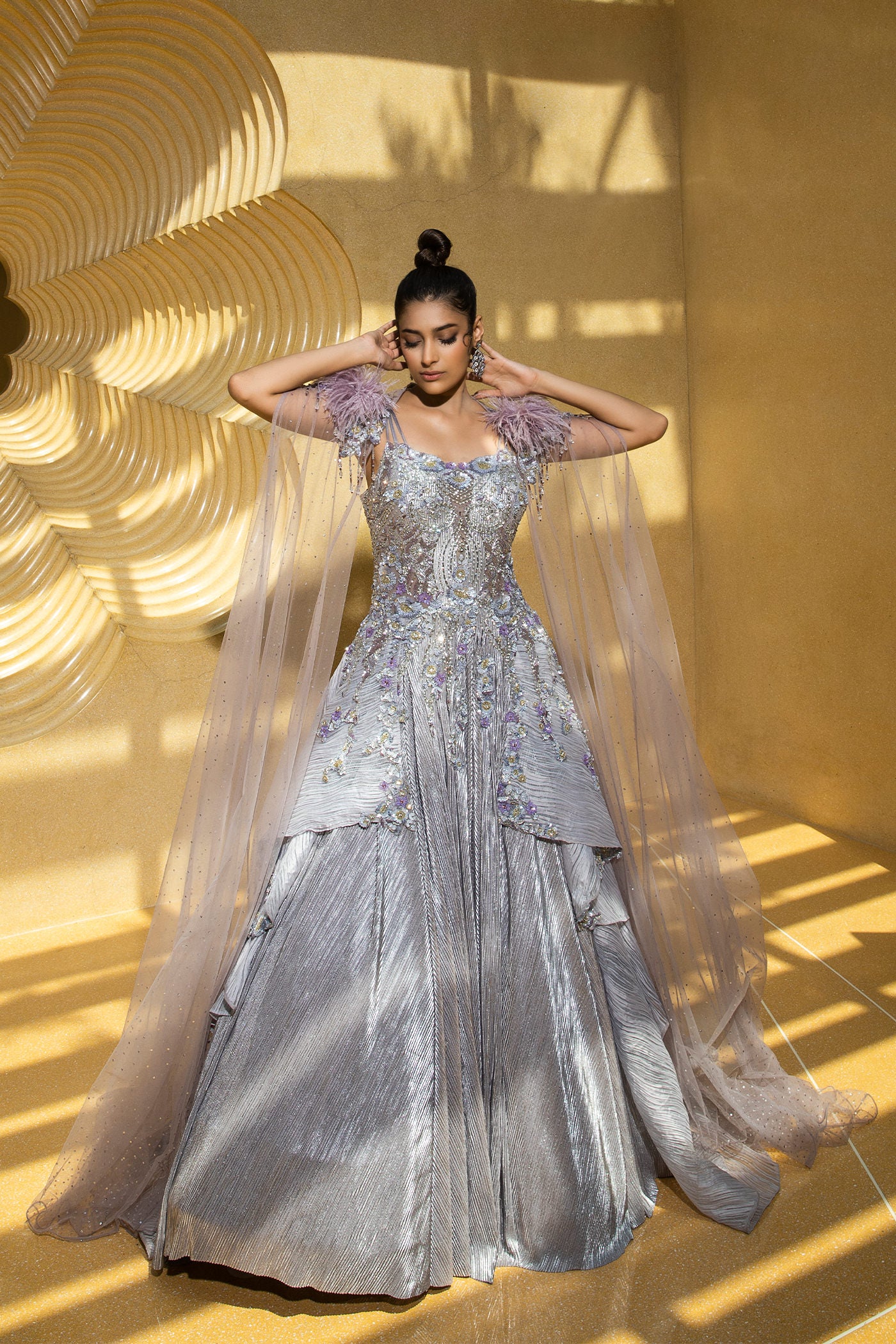 Grey organza Gown With Shoulder Wings