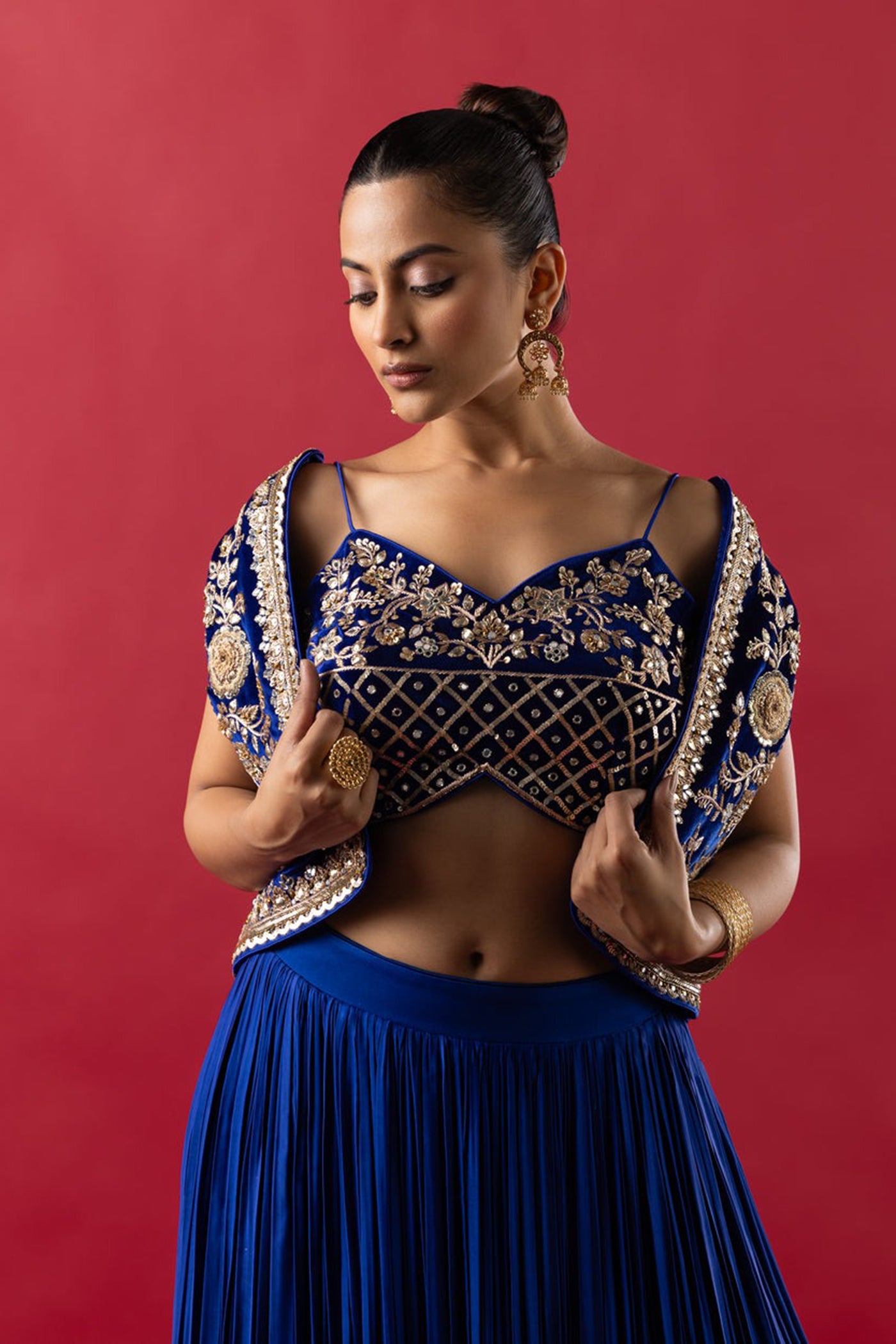 Electric Blue Crop Top With Jacket And Skirt