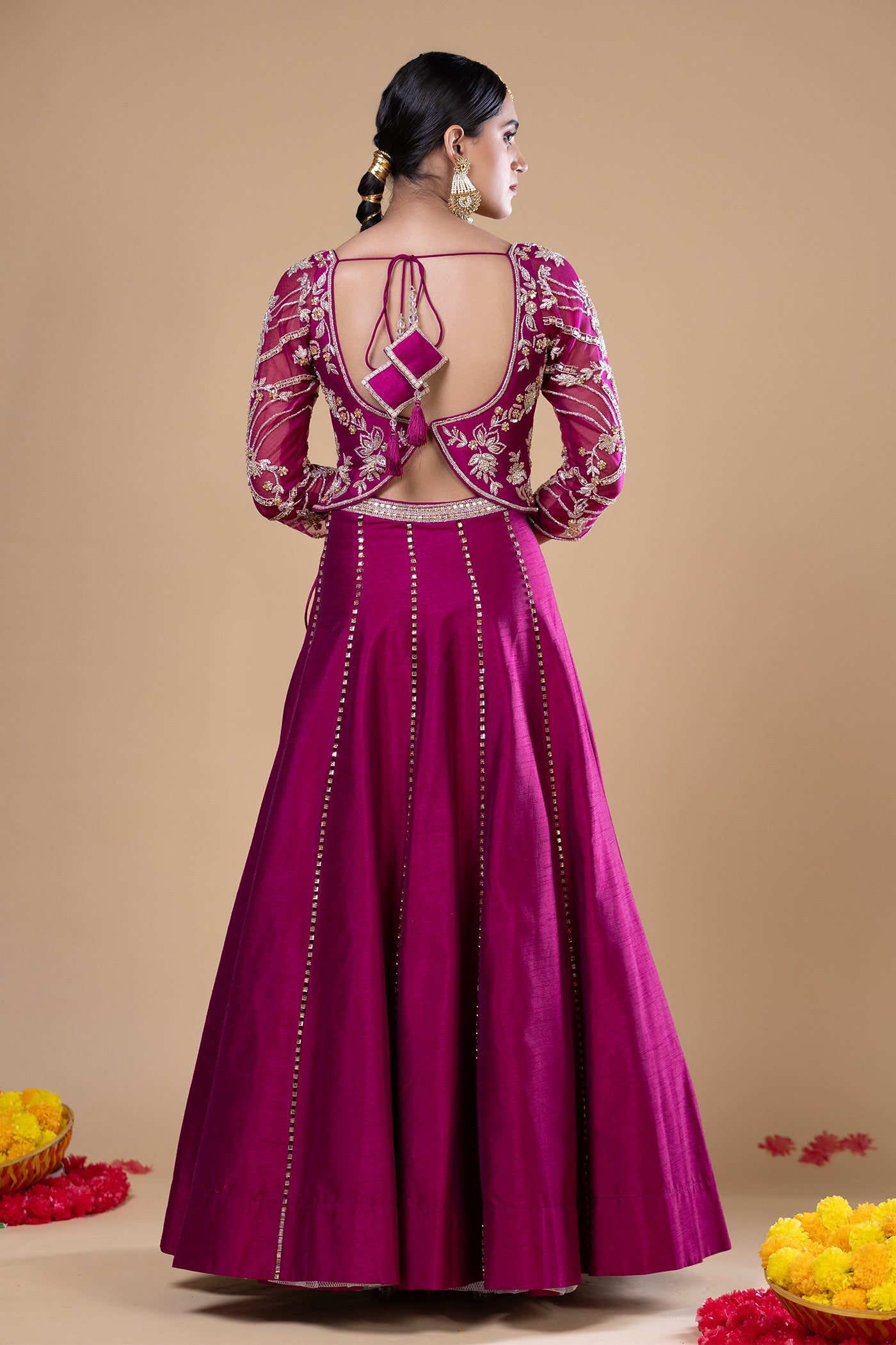 Purple Silk embroidered crop top with skirt - RoopVatika