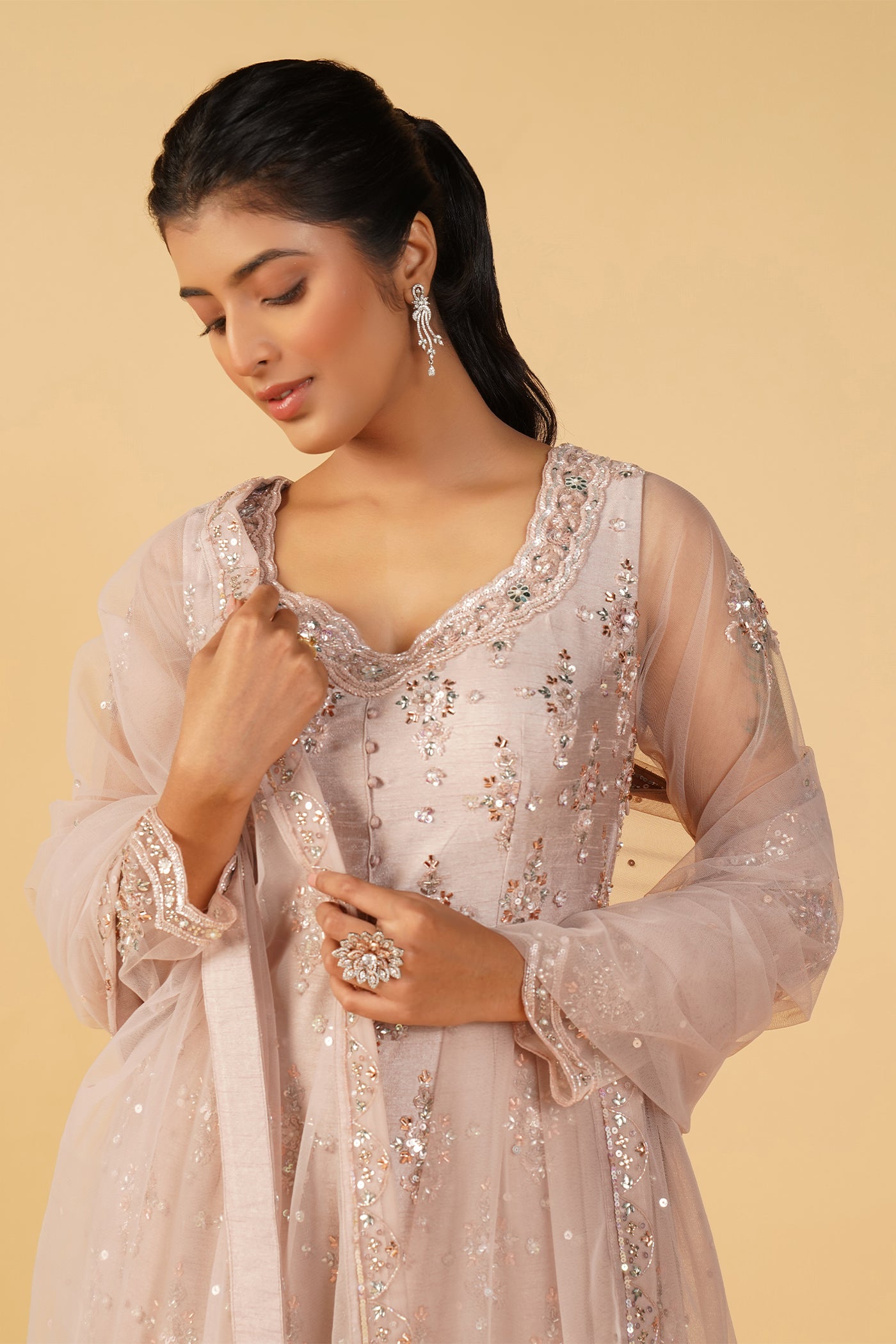 French Pink Silk Shirt And Sharara Set