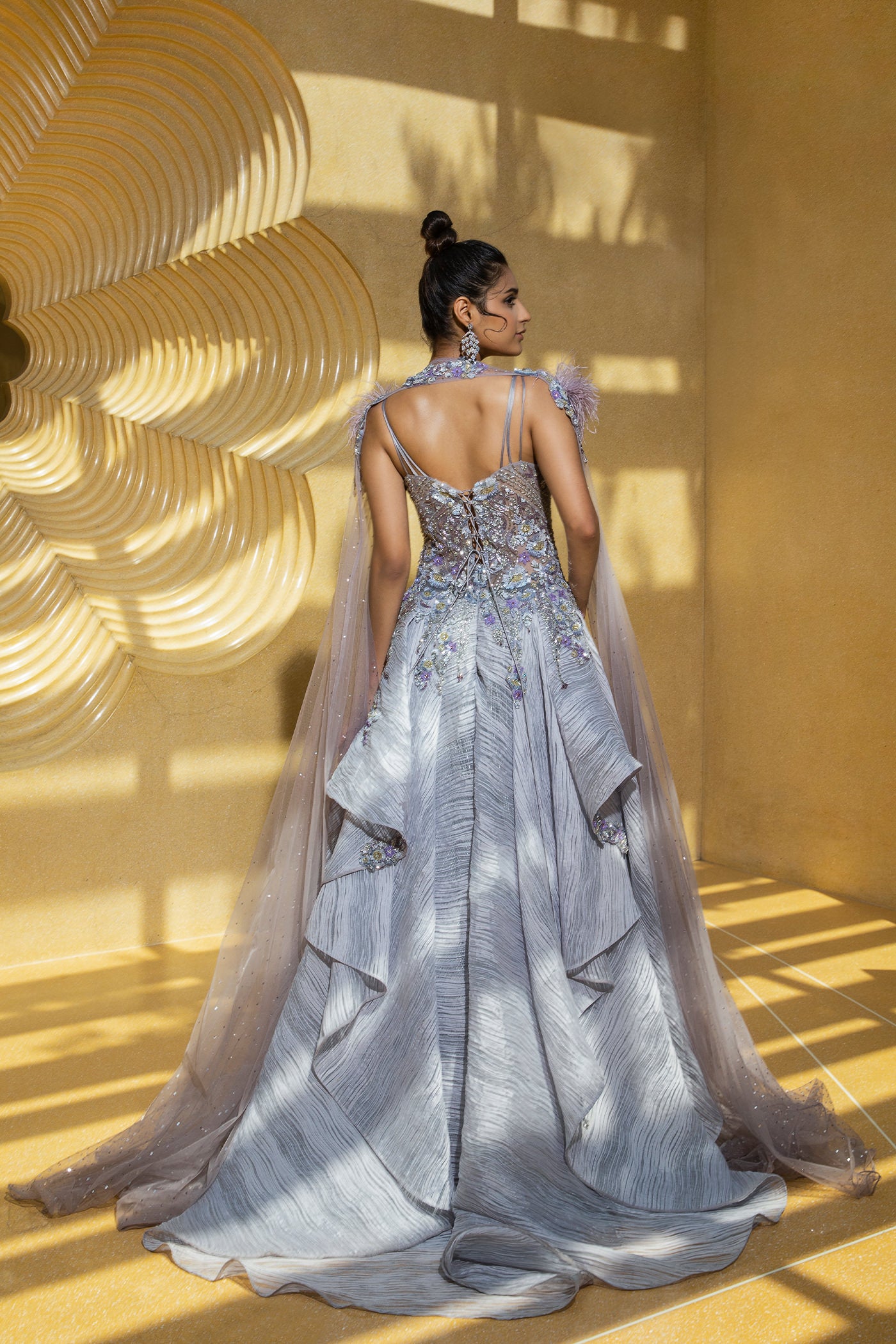 Grey organza Gown With Shoulder Wings