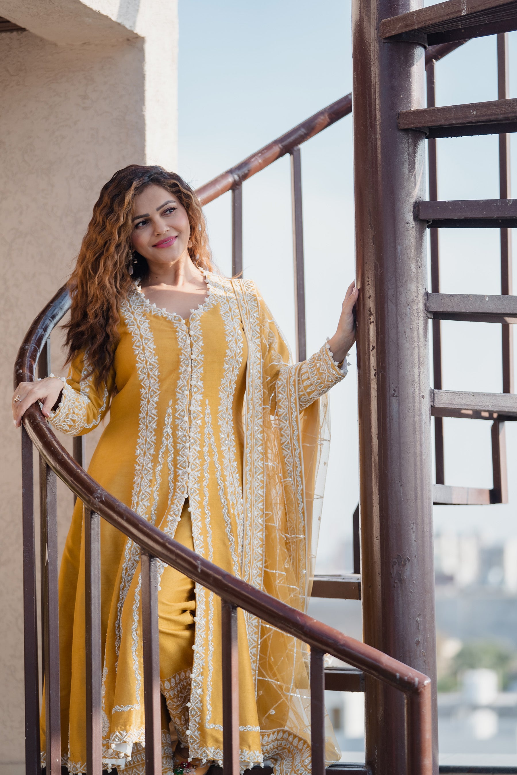 Rubina Dilaik in the Mustard Grandeur: Shahi Silk A-line Affair