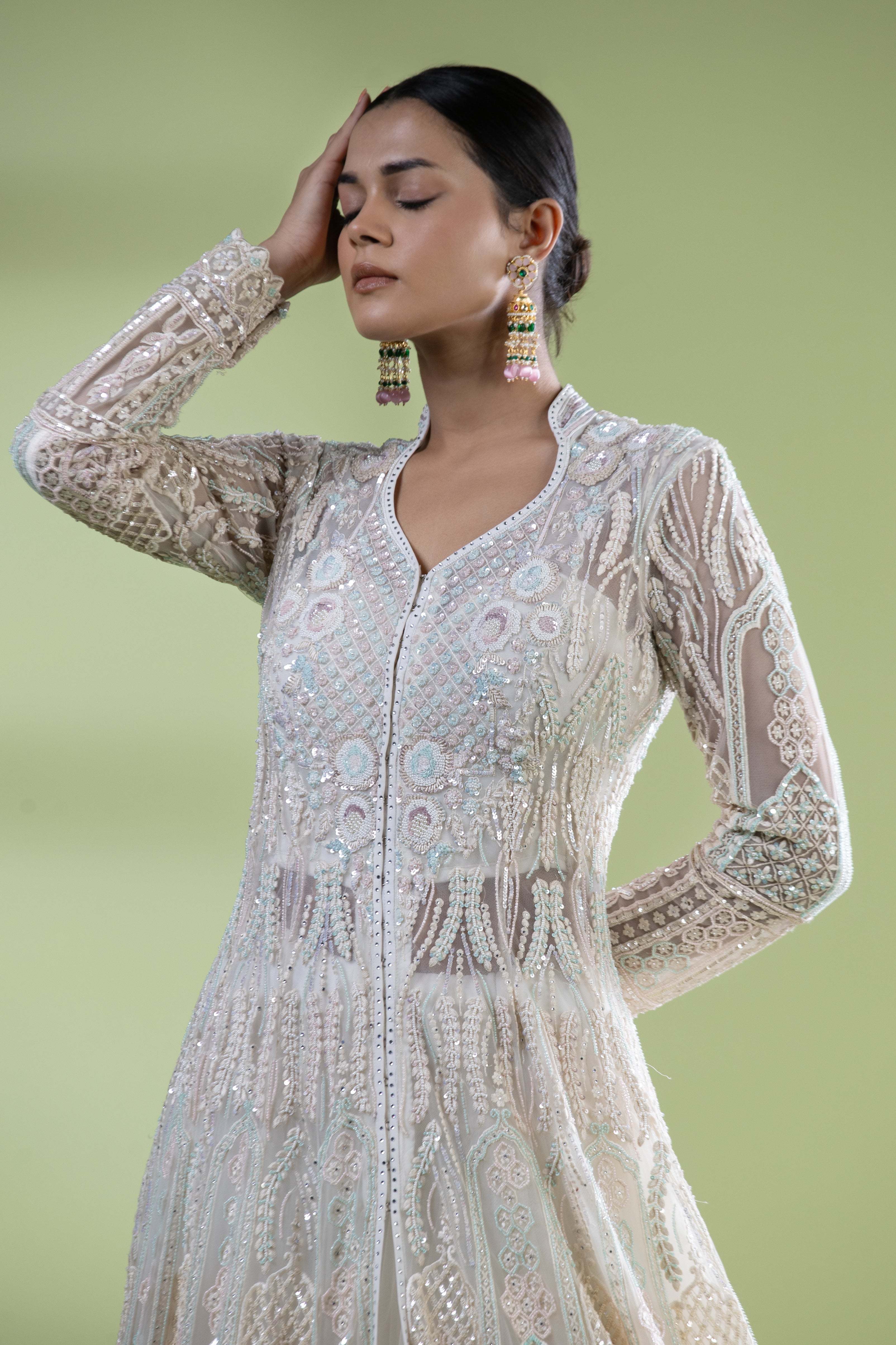 Net sequined open anarkali with duppata