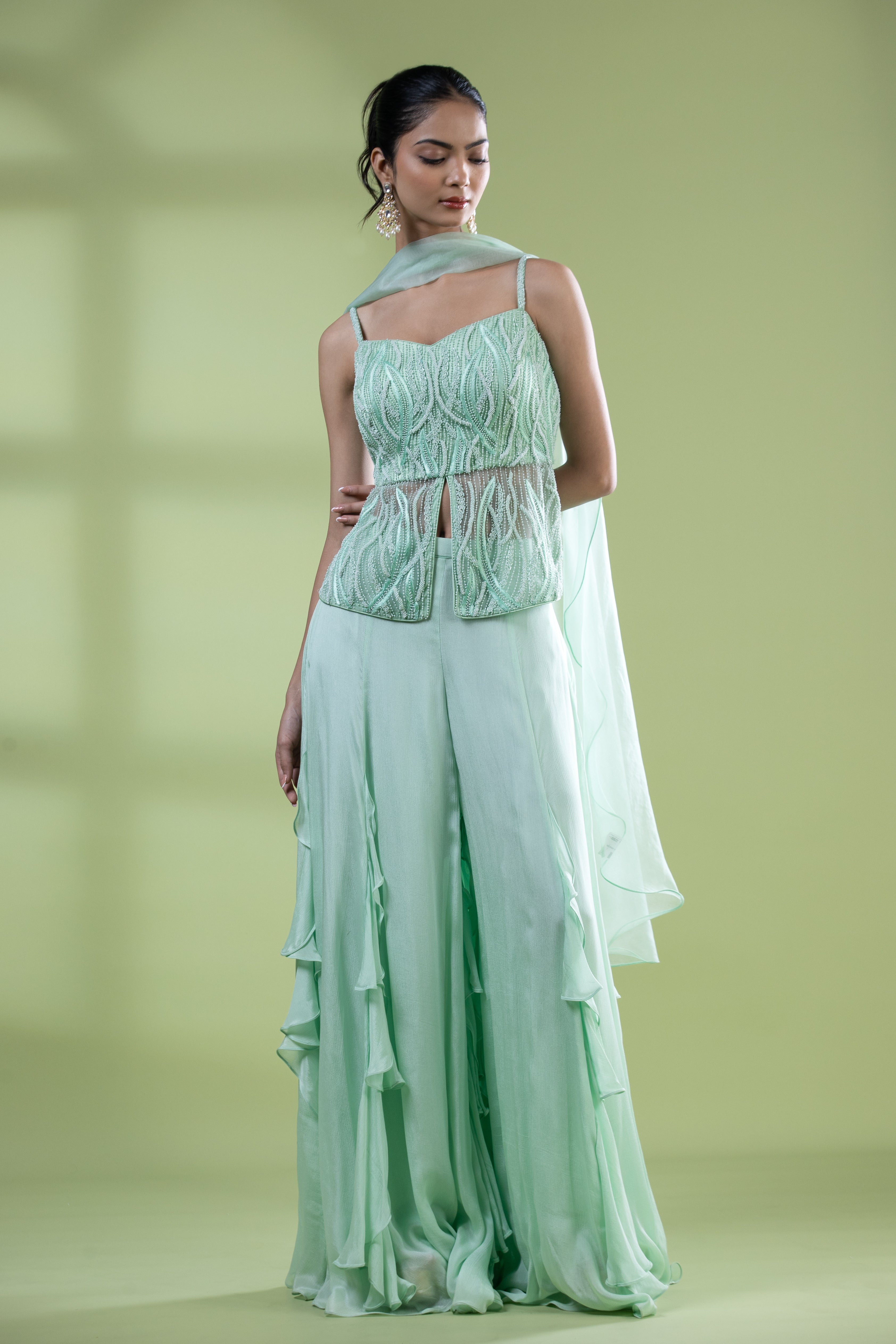 Sage Green Bustier And Palazzo Set