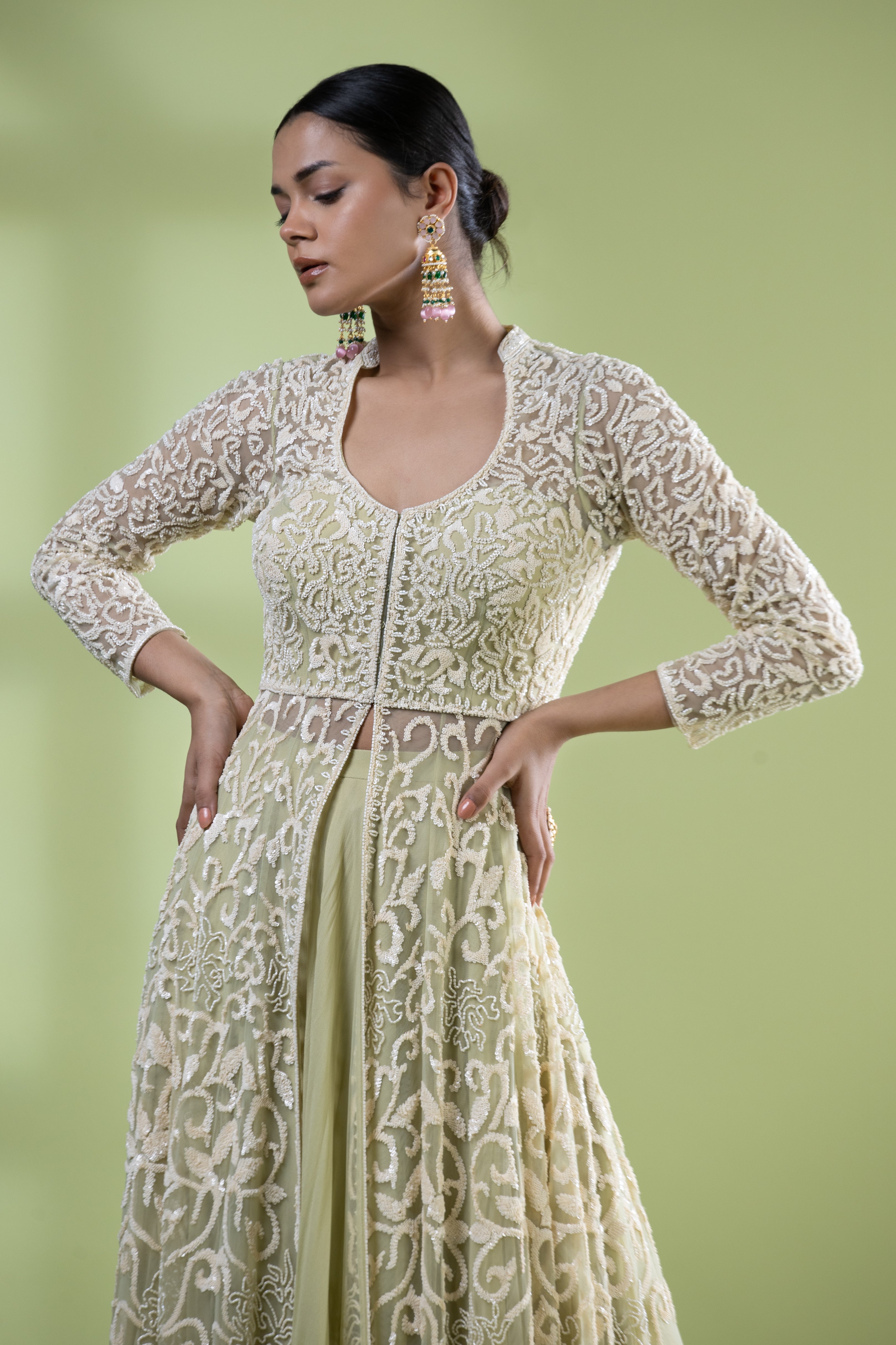 Lime green front open anarkali with skirt