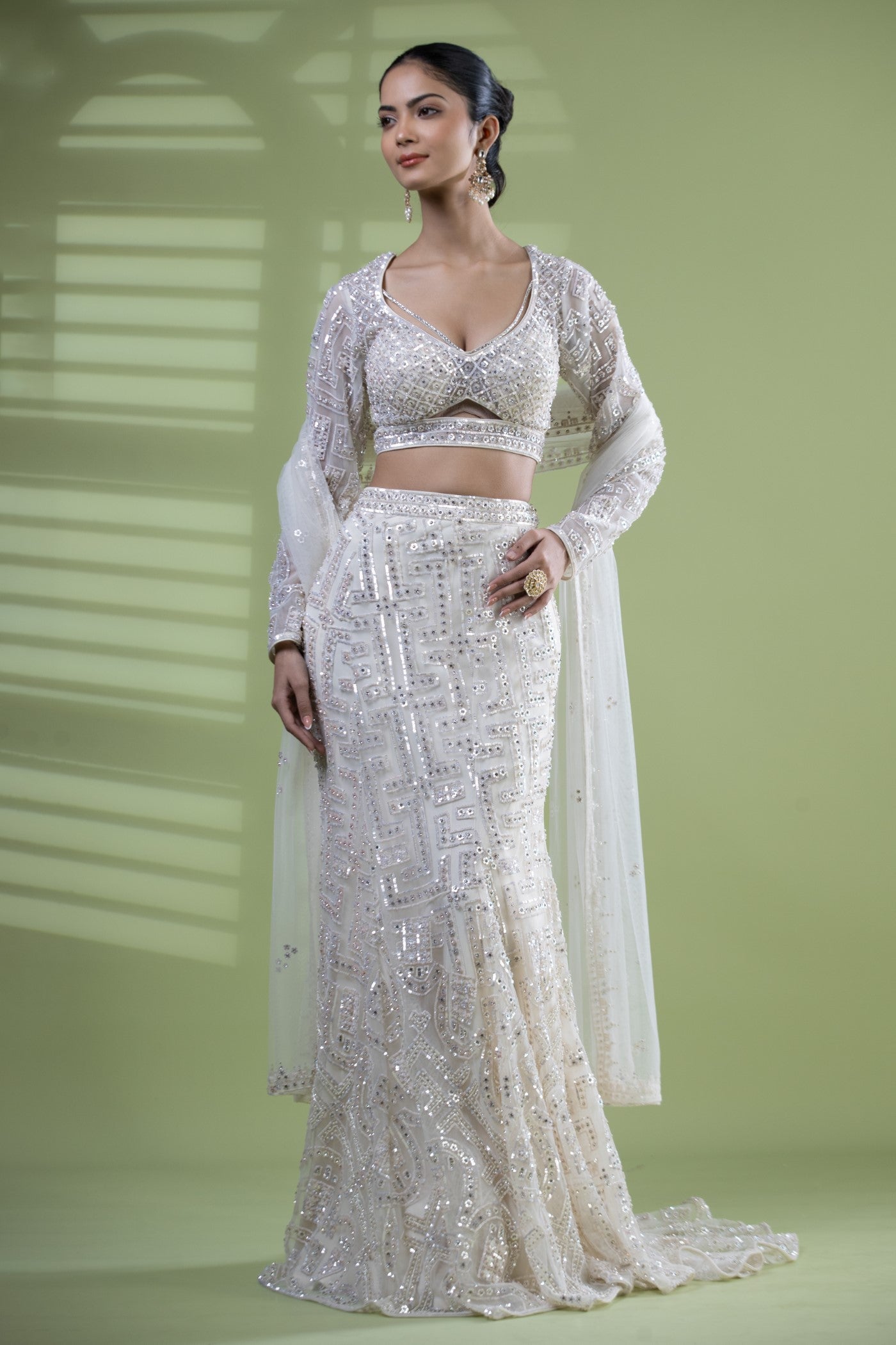 Ivory crop top with fish cut embroidered with zarkan