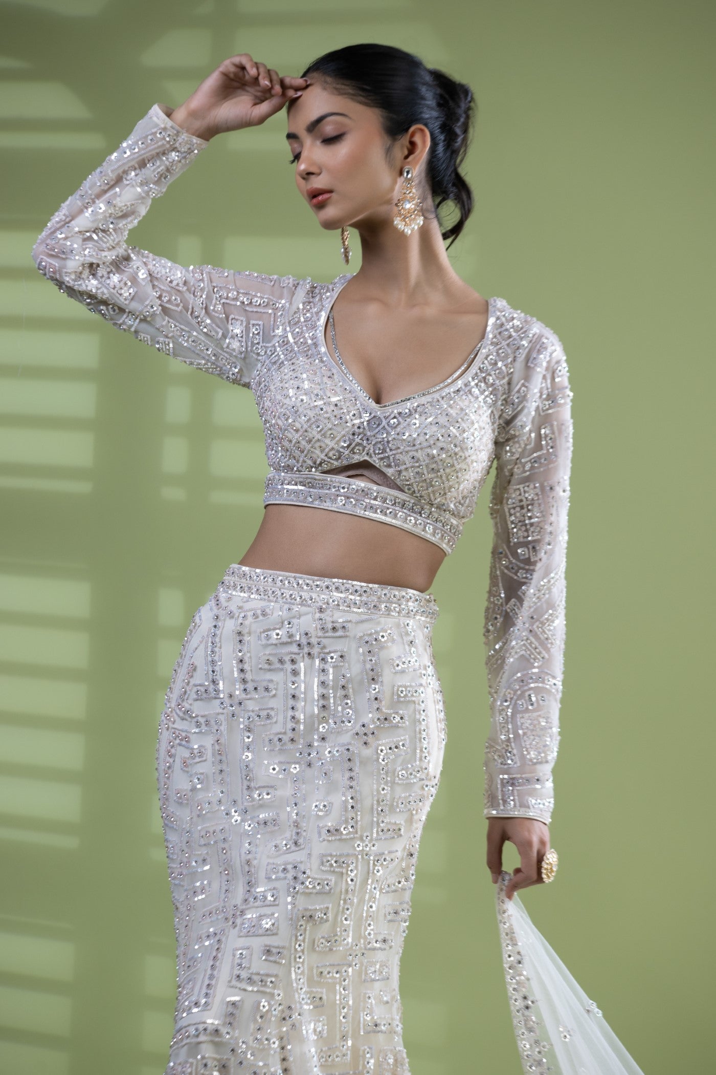 Ivory crop top with fish cut embroidered with zarkan