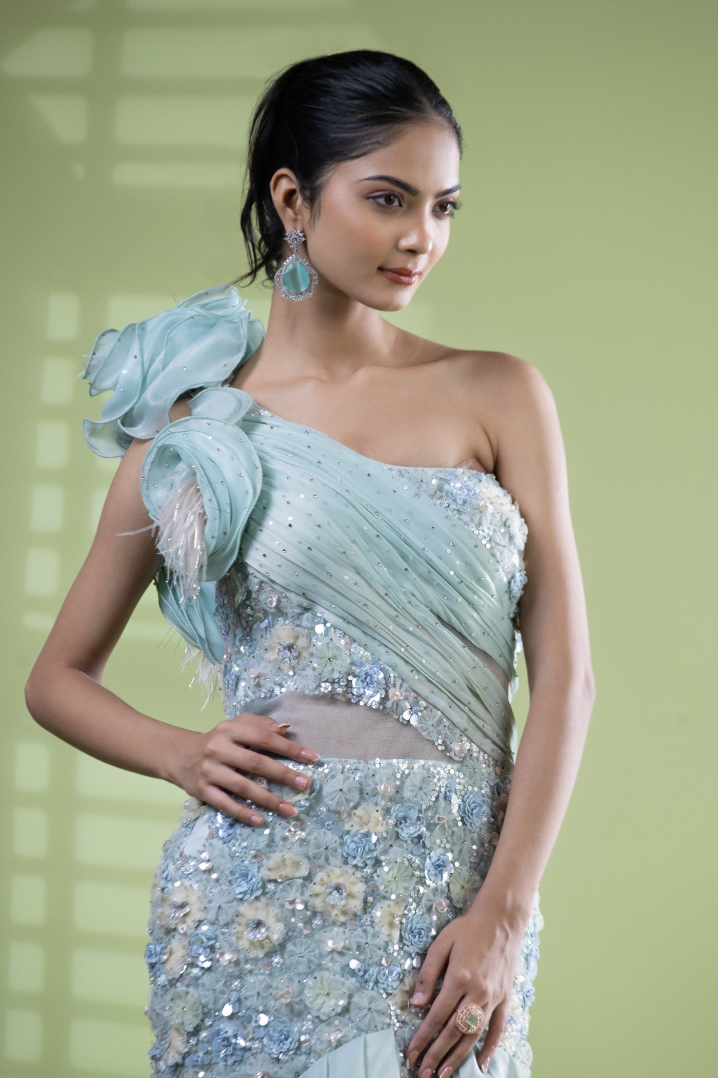 Aqua organza gown with crystal and hand made net
