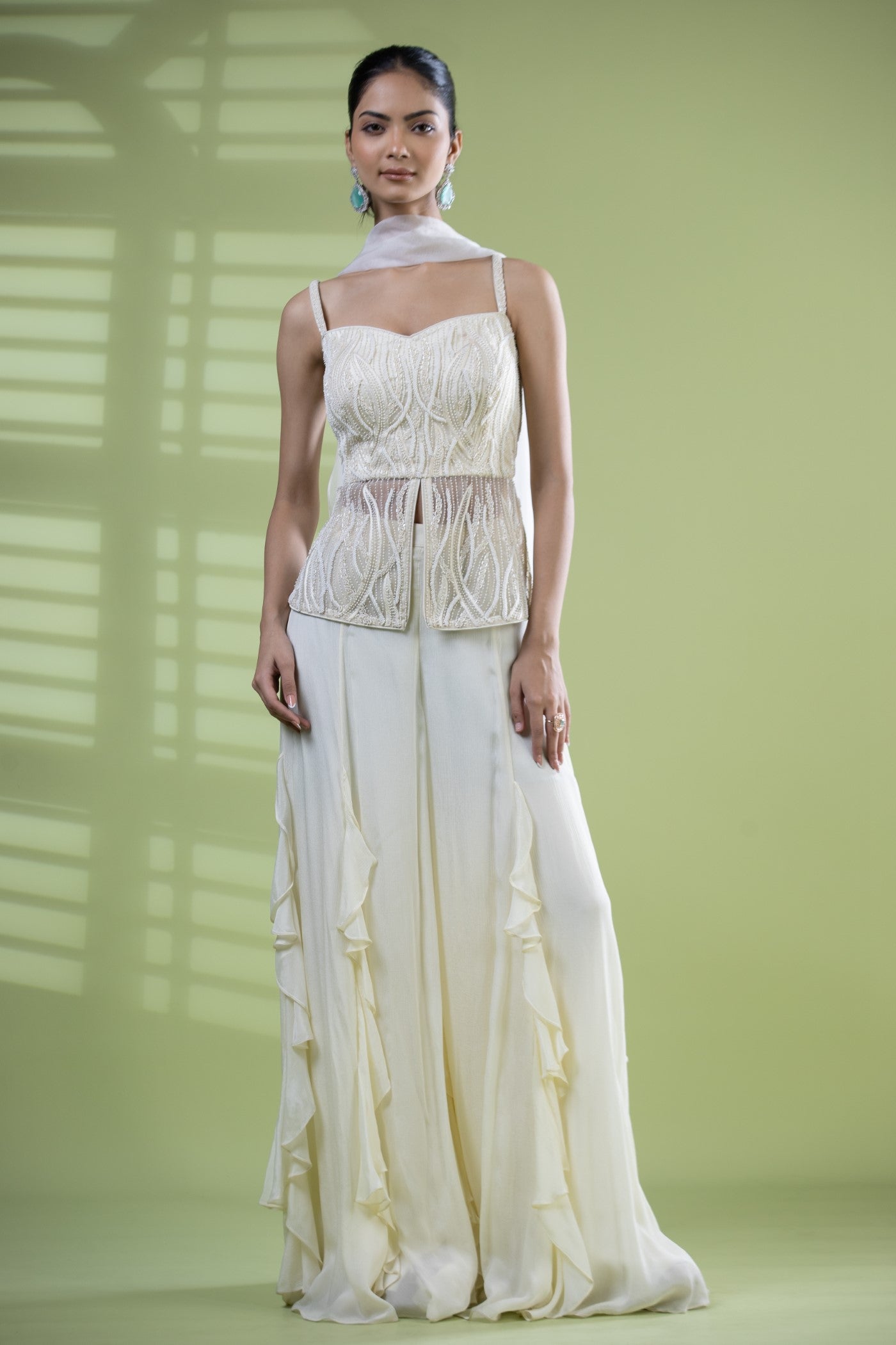 Ivory short georgette bustier with pallazo and duppata
