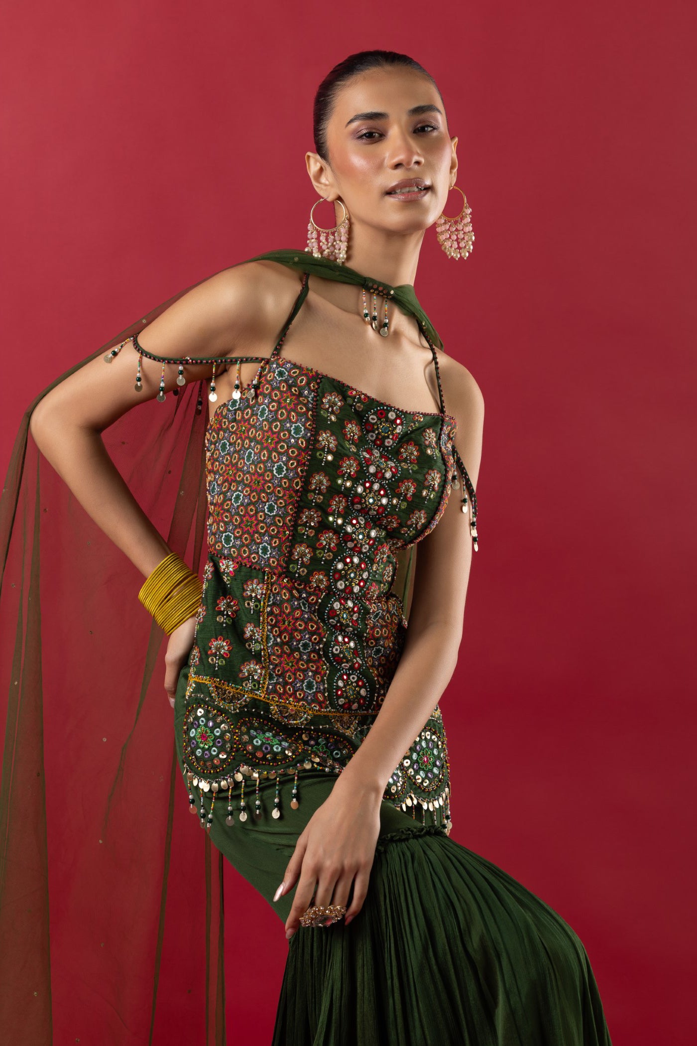Bottle Green Georgette Short Shirt With Gharara And Duppata