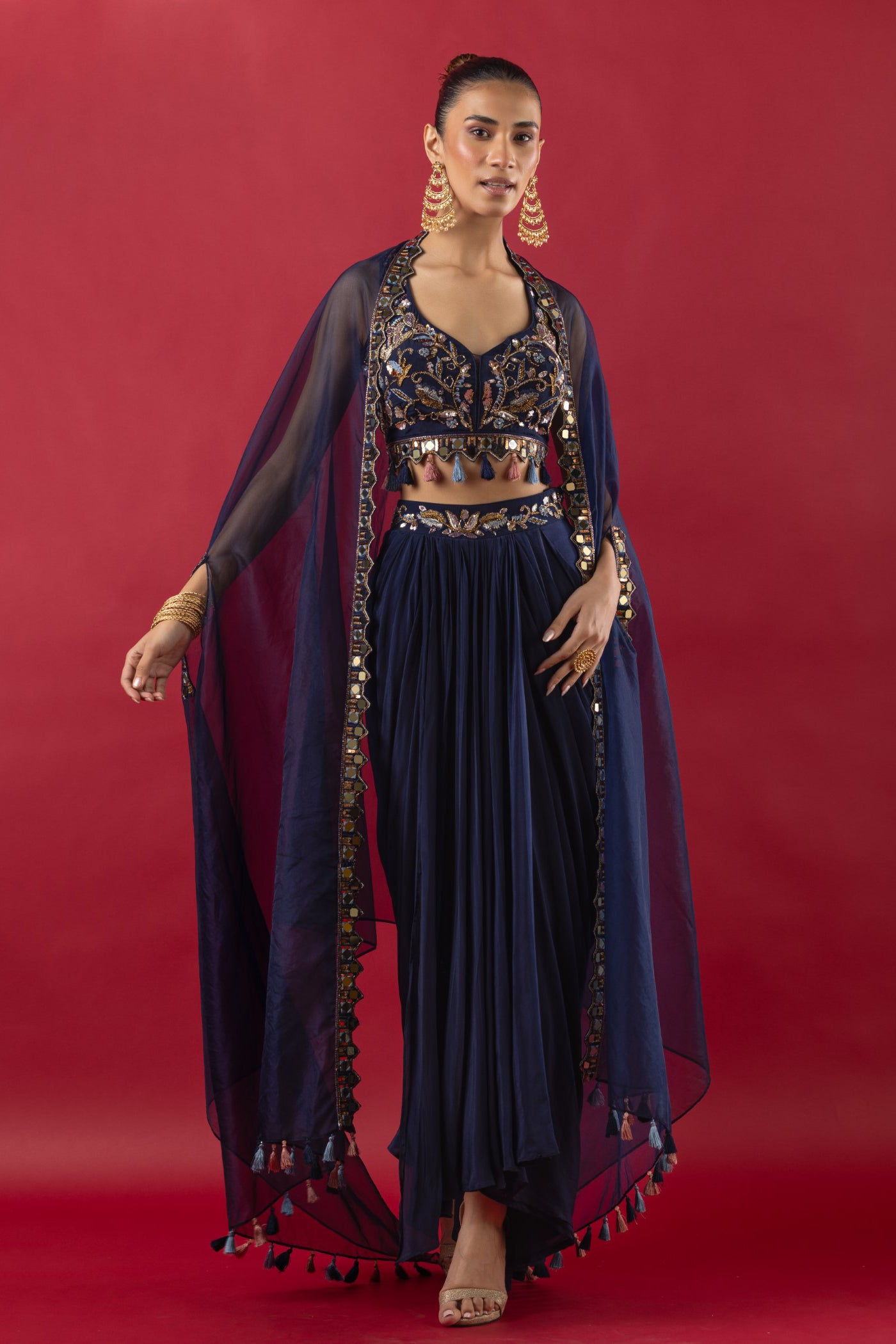Blue Crop Top With Dhoti And Cape