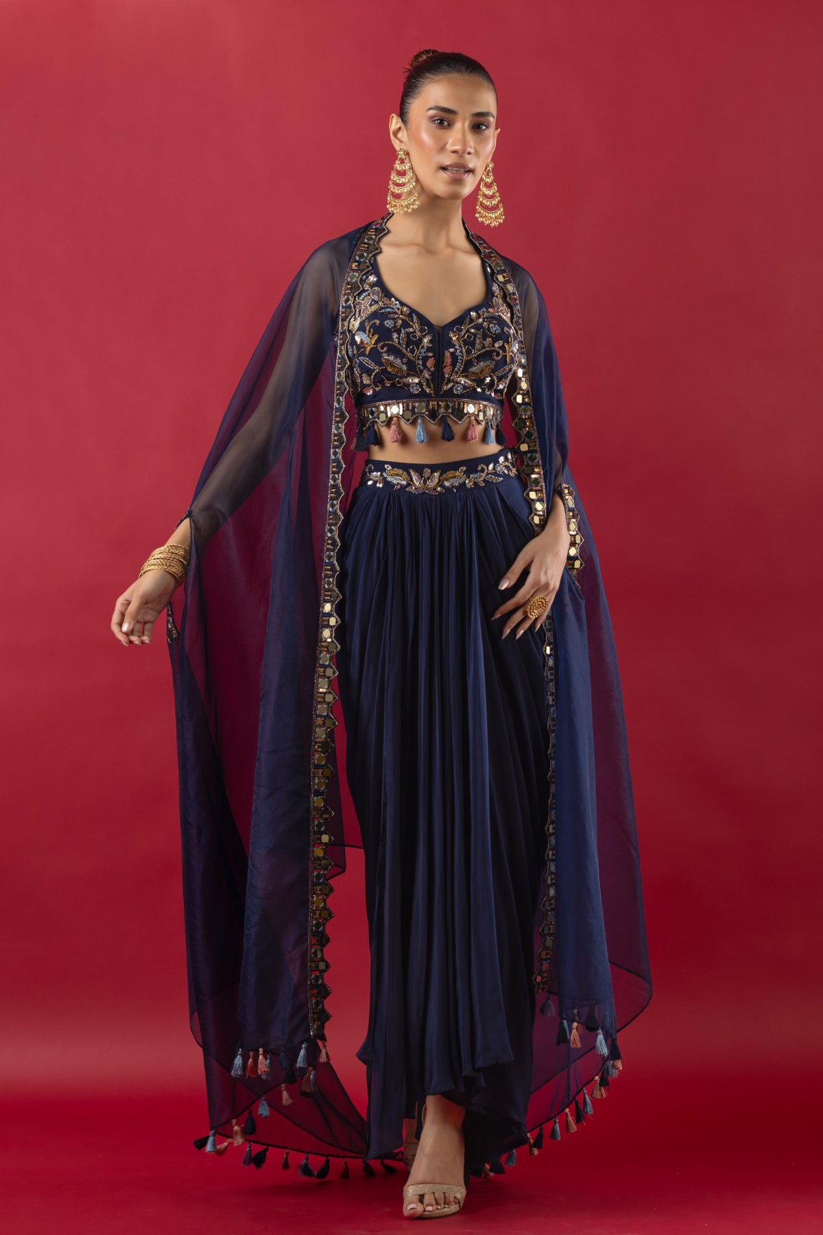 Blue Crop Top With Dhoti And Cape - Roop Vatika Official