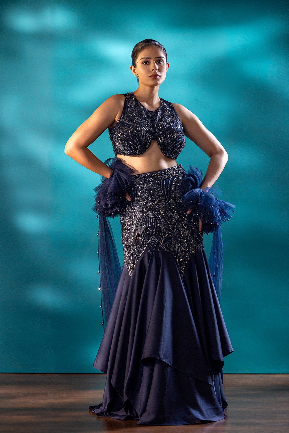 Navy Cascade Skirt & blouse Set