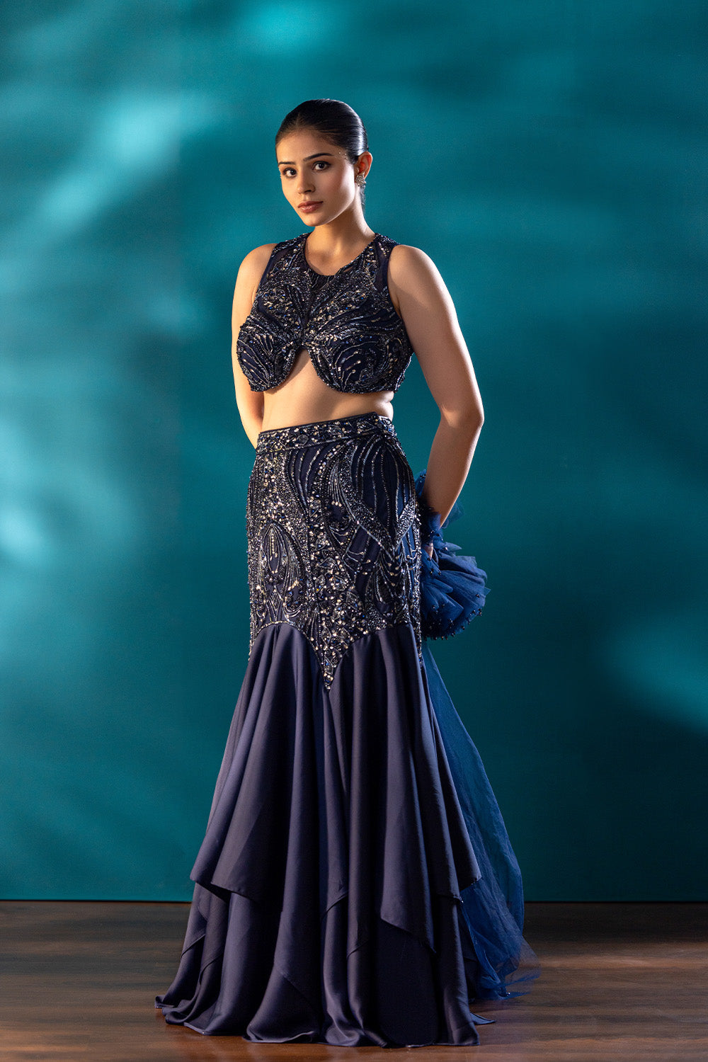 Navy Cascade Skirt & blouse Set