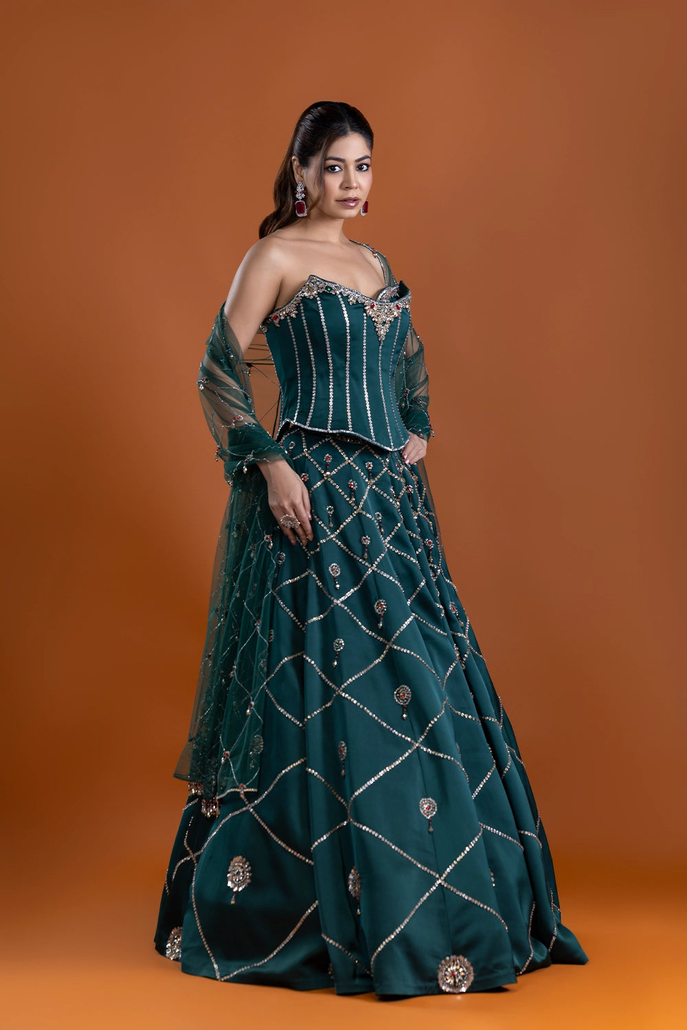 Sarvar Bottle Green Corset Lehenga