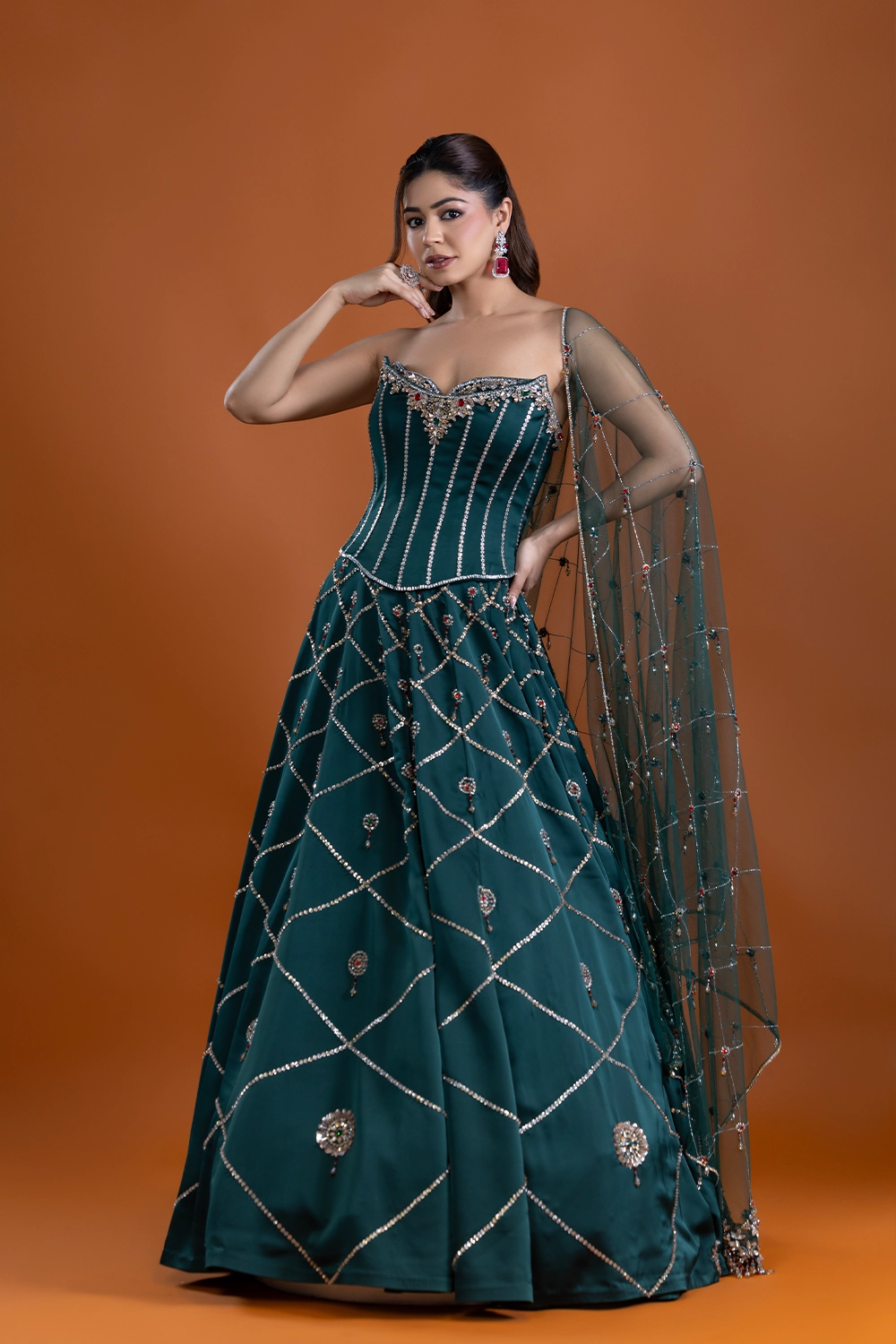 Sarvar Bottle Green Corset Lehenga