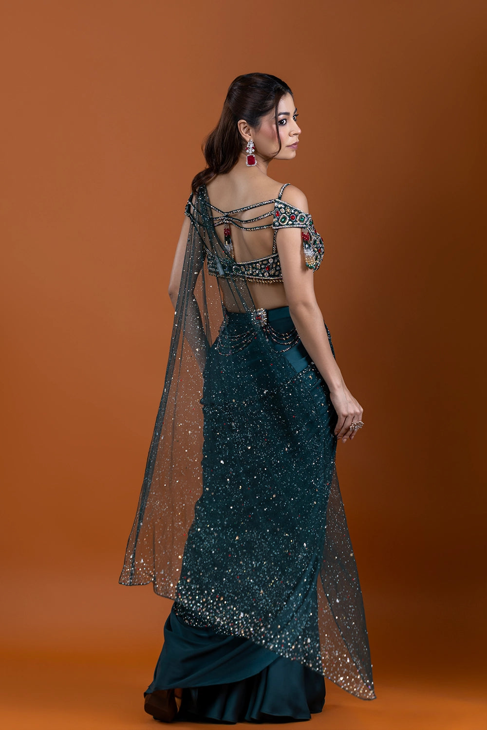 Husn Bottle Green Drape Saree