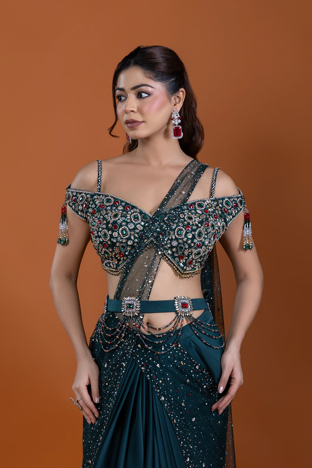 Husn Bottle Green Drape Saree