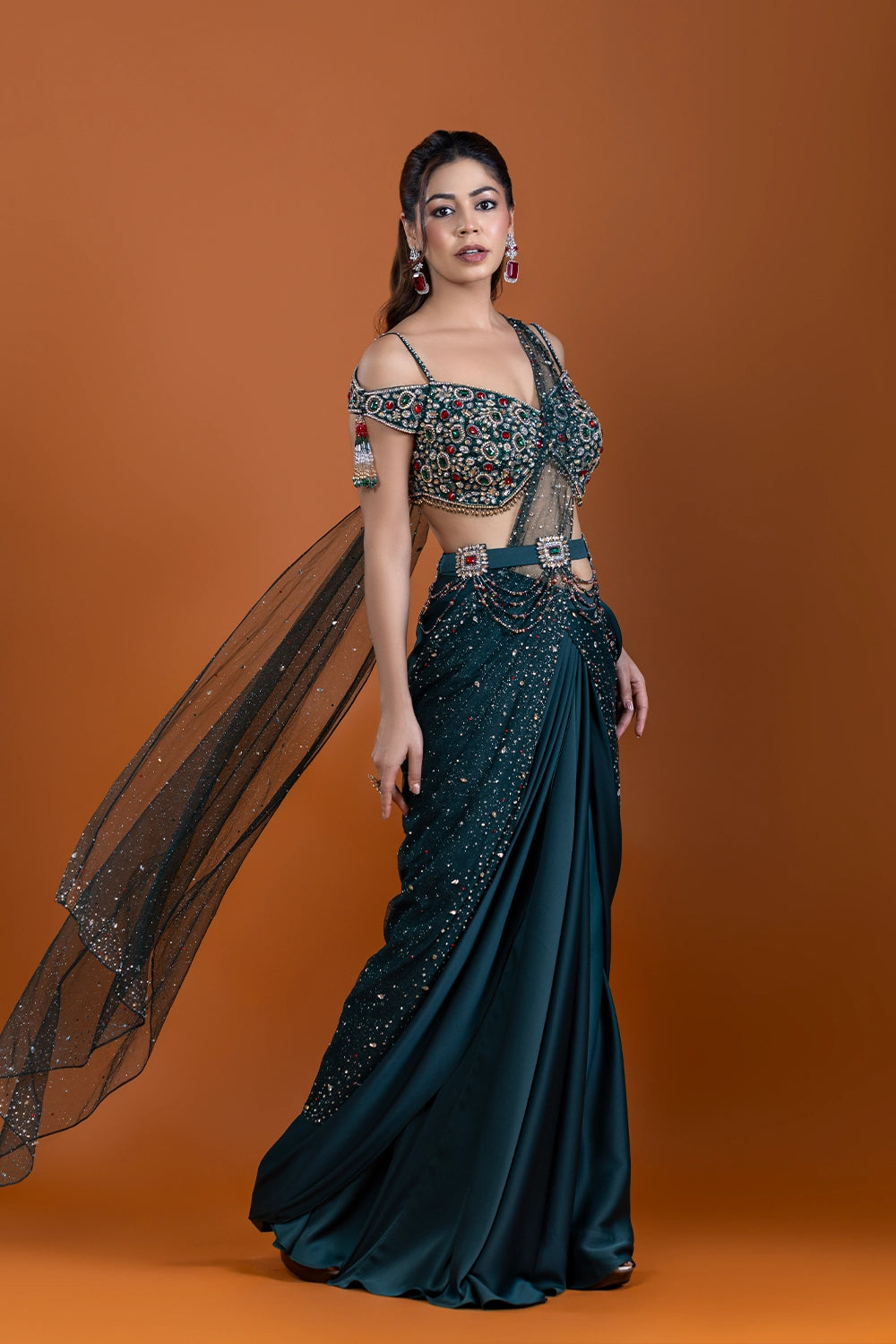 Husn Bottle Green Drape Saree