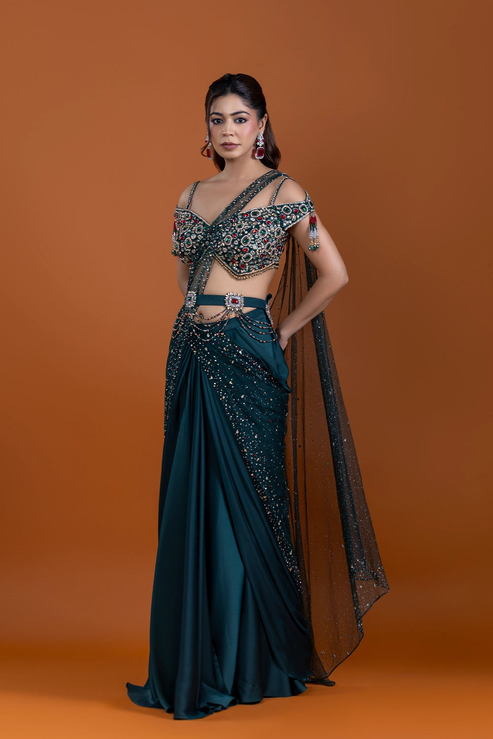 Husn Bottle Green Drape Saree