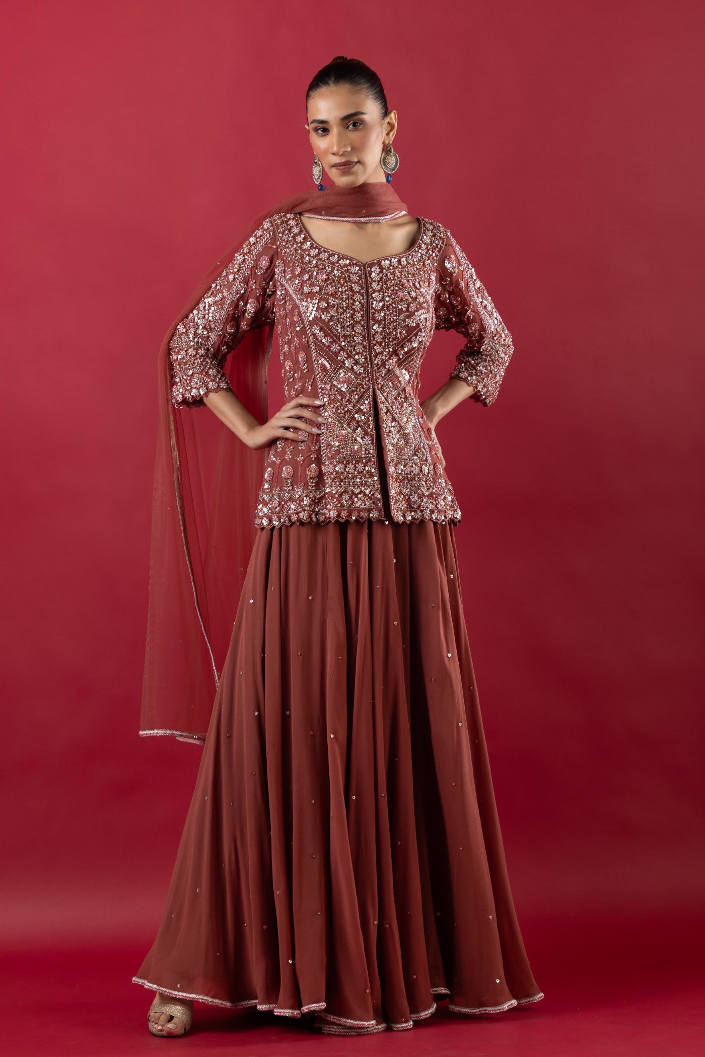 Rust Long Choli With Zarkan And Crystal