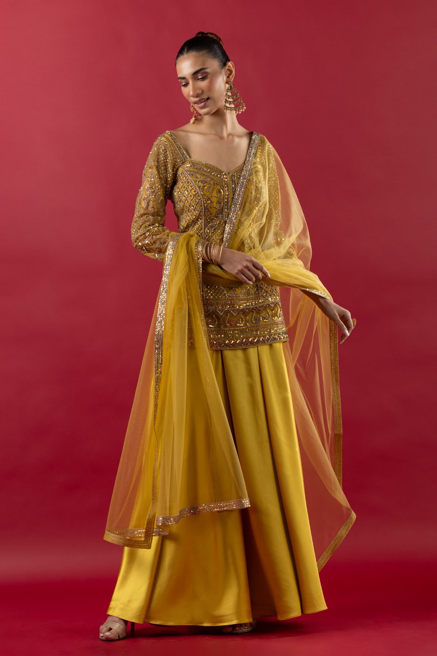 Mustard Sharara Suit With Sequins And Cutdana