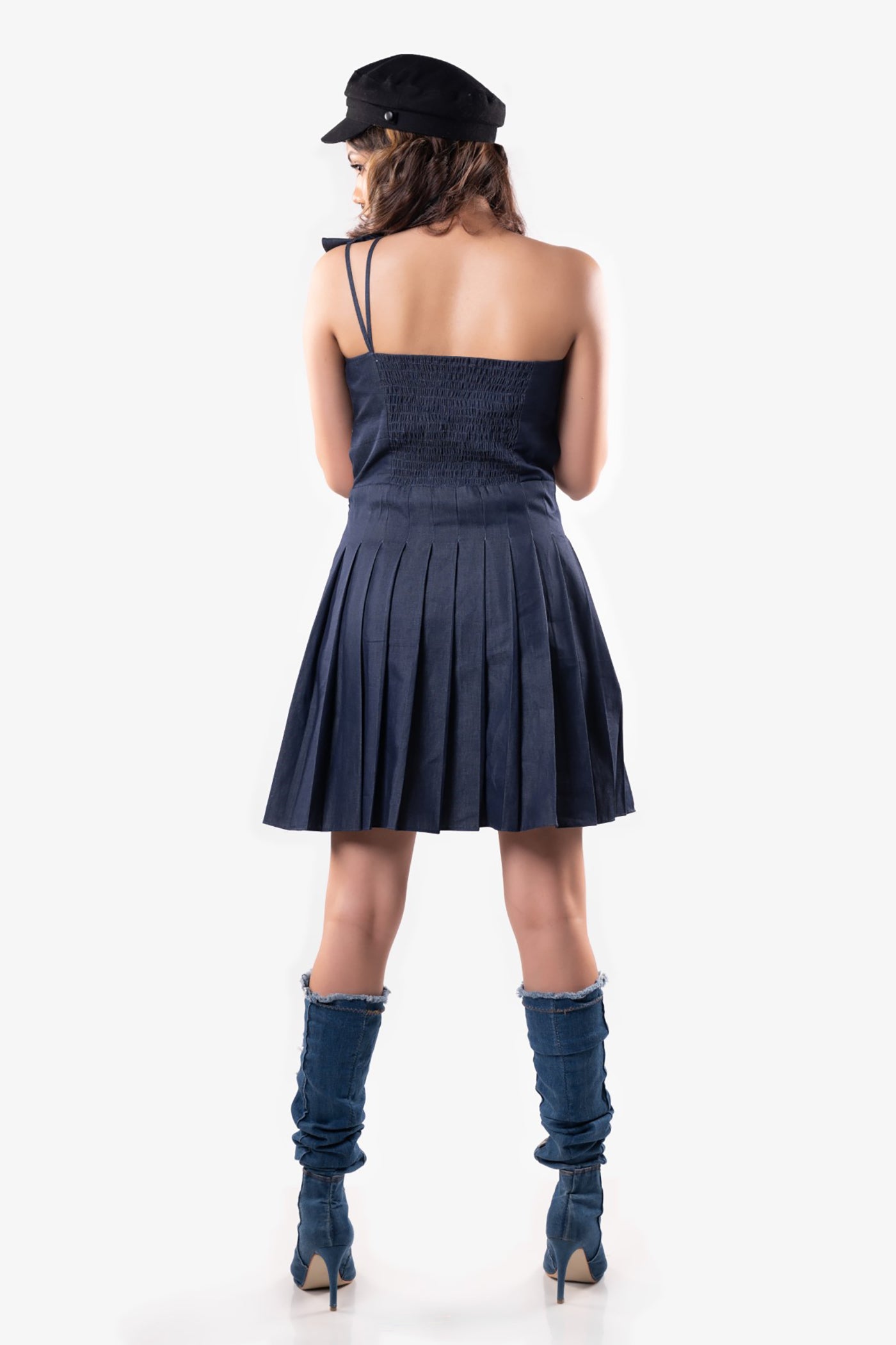 Blue Denim box-pleated knee length dress